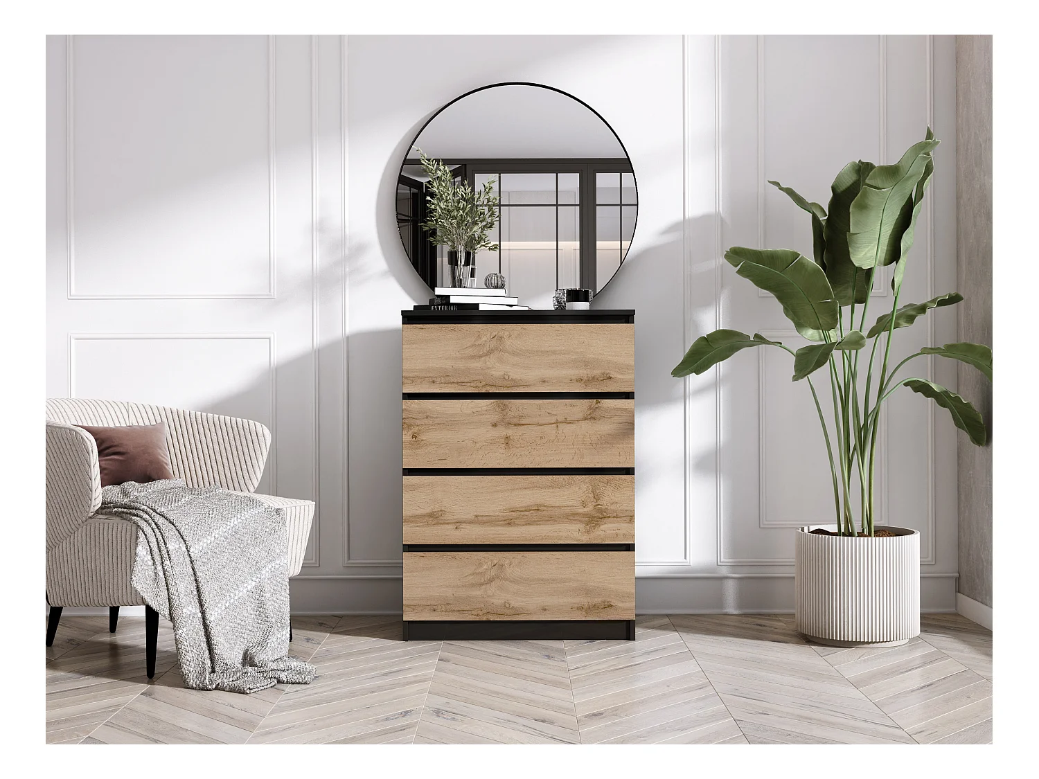 Commode 4 tiroirs, Noir Mat / Chêne Wotan, 70 x 39 x 101 cm