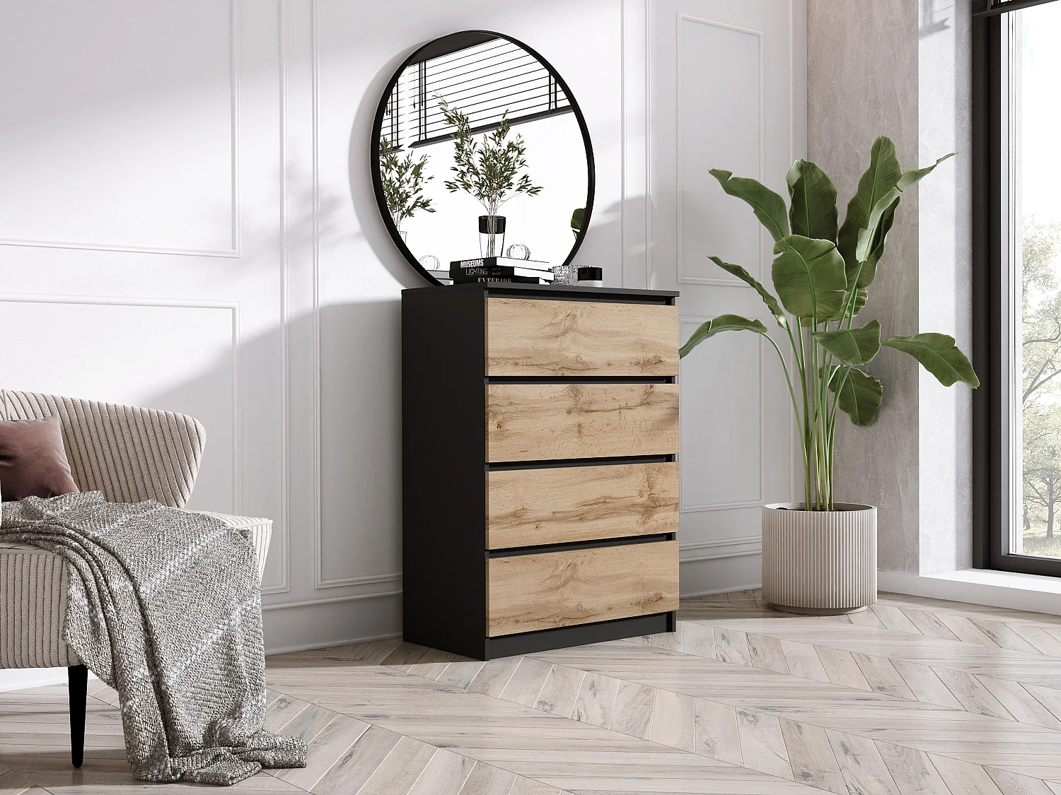 Commode 4 tiroirs, Noir Mat / Chêne Wotan, 70 x 39 x 101 cm