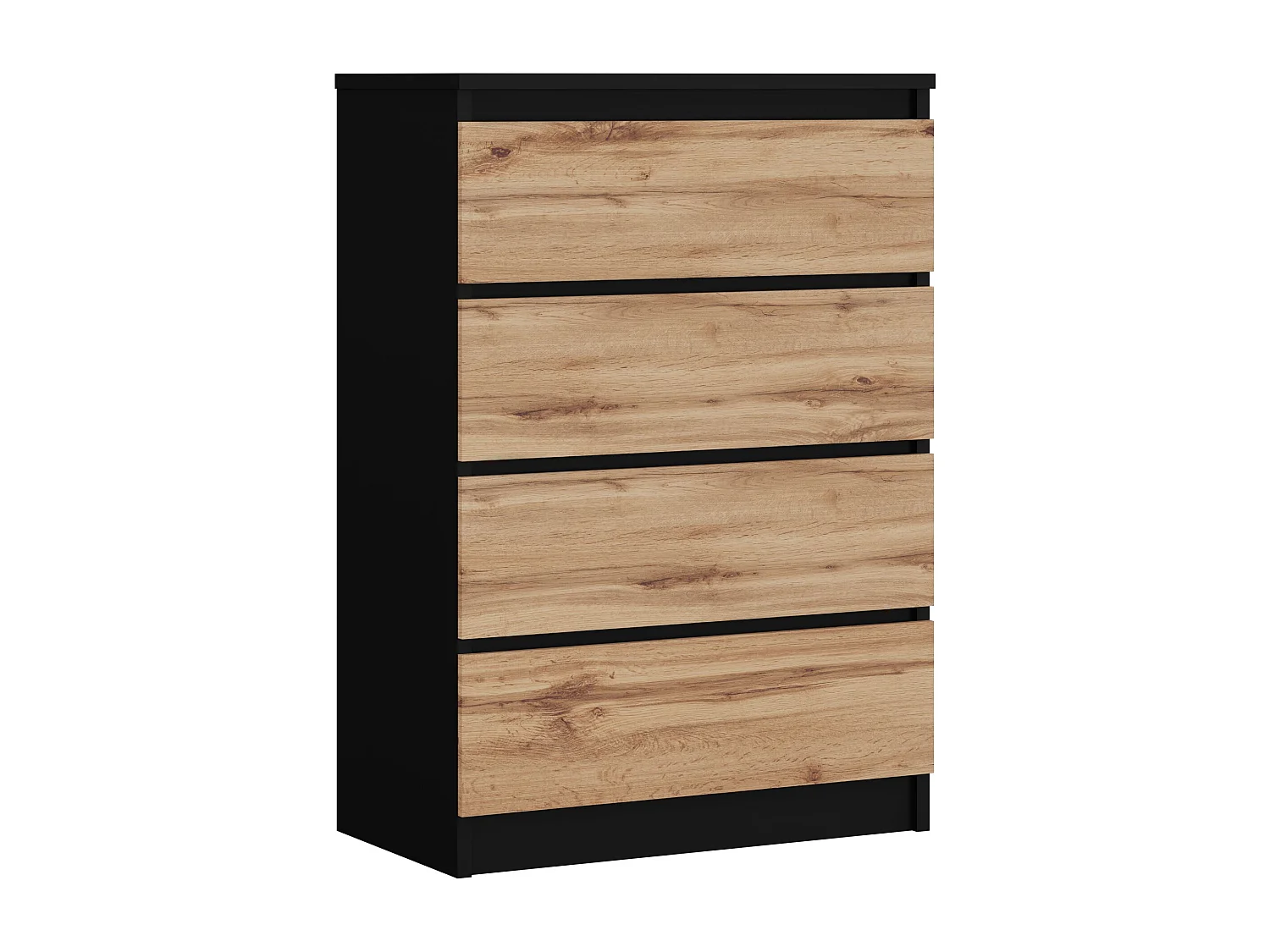 Commode 4 tiroirs, Noir Mat / Chêne Wotan, 70 x 39 x 101 cm