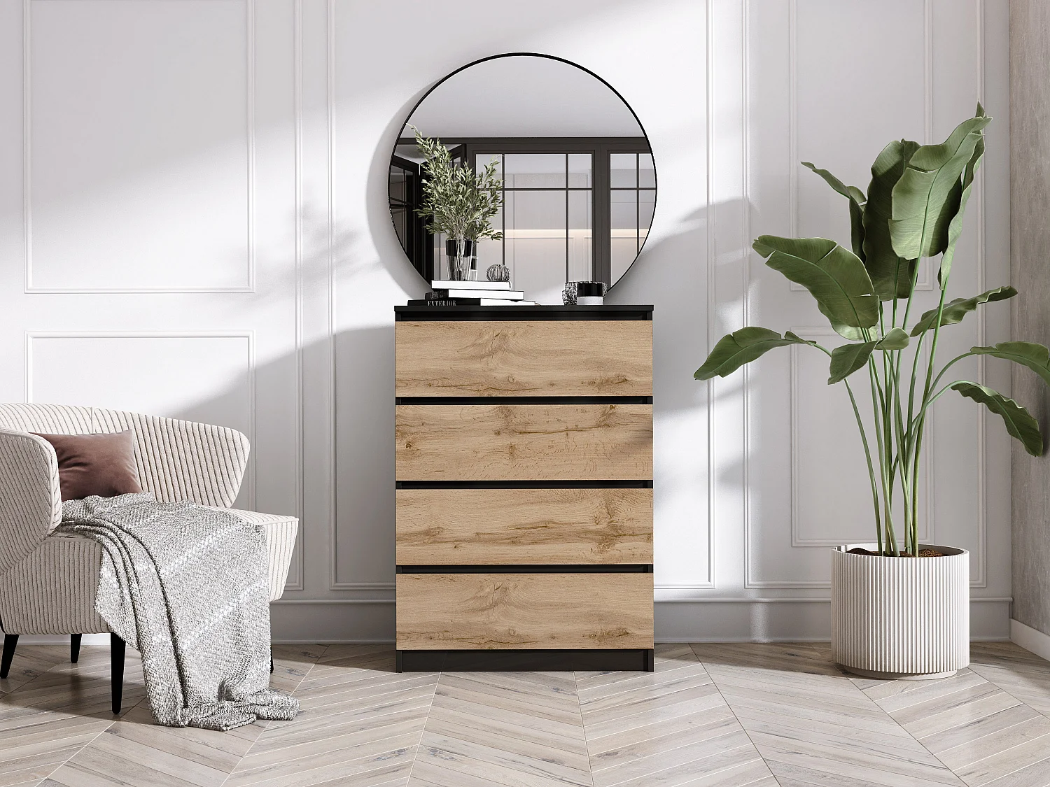 Commode 4 tiroirs, Noir Mat / Chêne Wotan, 70 x 39 x 101 cm