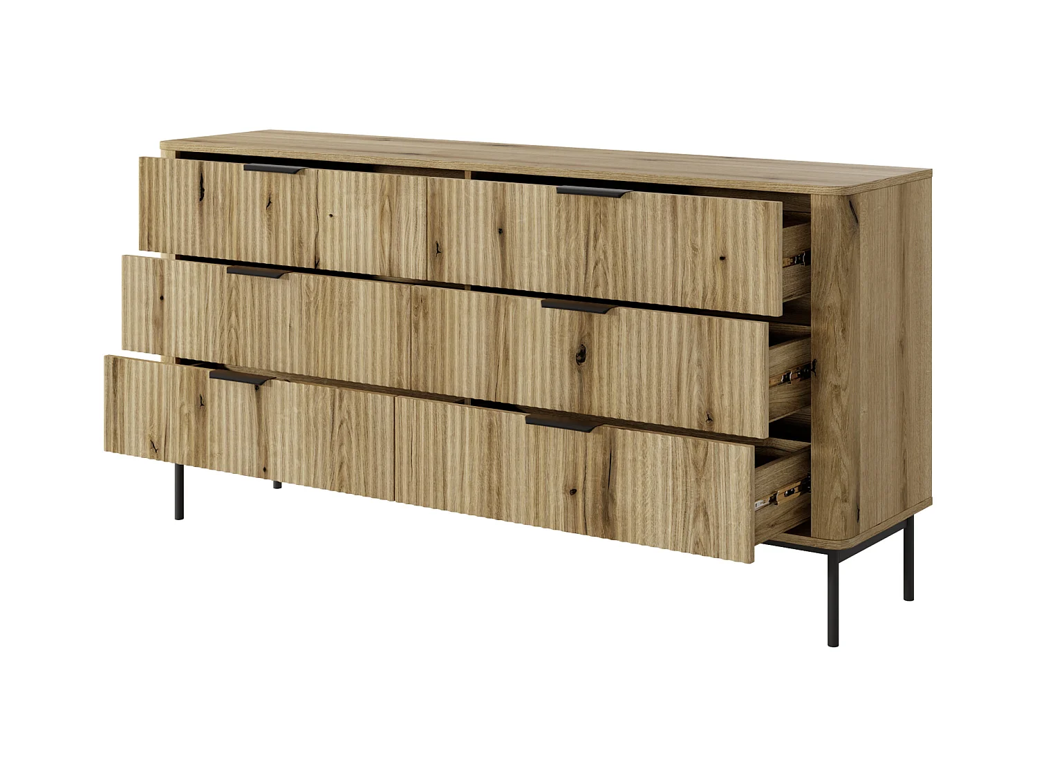 Komoda: 6 szuflad, dąb Evoque, czarne nóżki, 81,2 x 163,2 x 38 cm