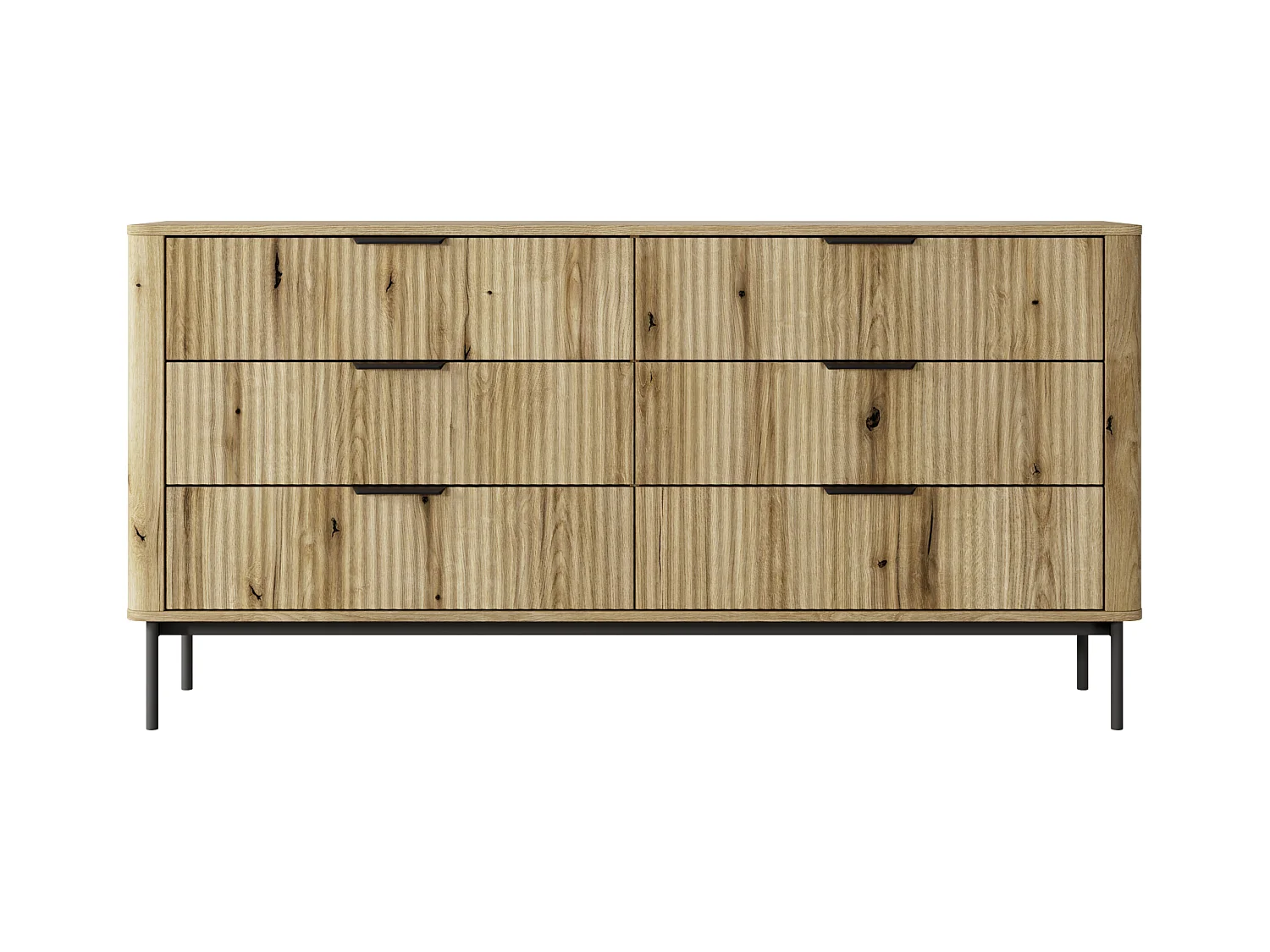 Commode : 6 Tiroirs, Chêne Évoque, Pieds Noirs, 81,2 X 163,2 X 38 Cm