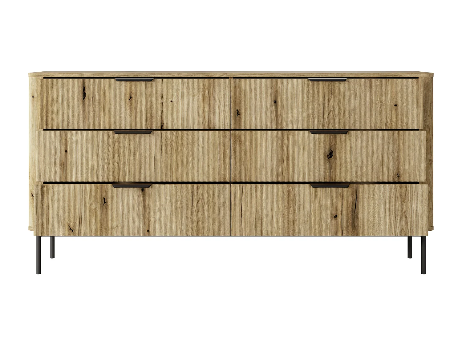 Commode : 6 Tiroirs, Chêne Évoque, Pieds Noirs, 81,2 X 163,2 X 38 Cm