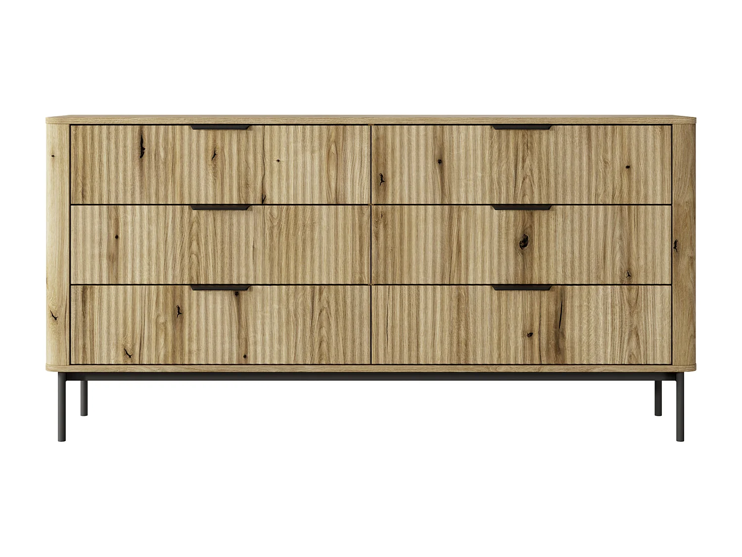 Commode : 6 Tiroirs, Chêne Évoque, Pieds Noirs, 81,2 X 163,2 X 38 Cm