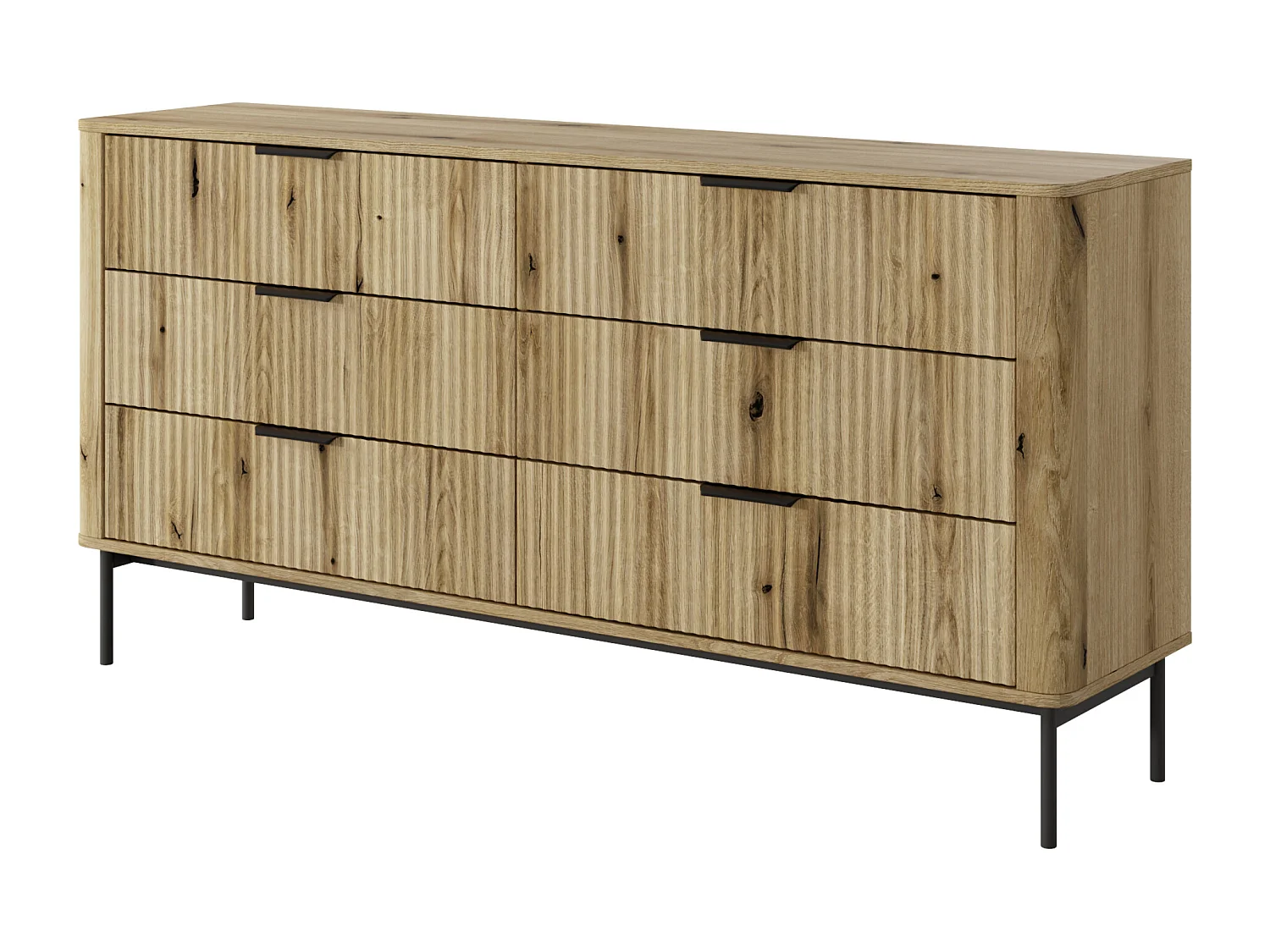 Commode : 6 Tiroirs, Chêne Évoque, Pieds Noirs, 81,2 X 163,2 X 38 Cm