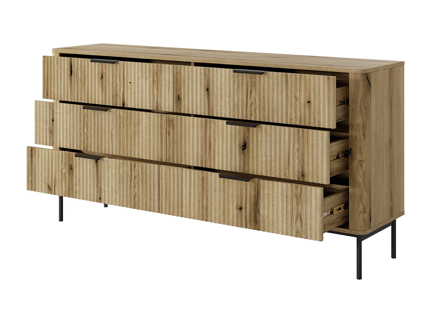 Commode : 6 Tiroirs, Chêne Évoque, Pieds Noirs, 81,2 X 163,2 X 38 Cm