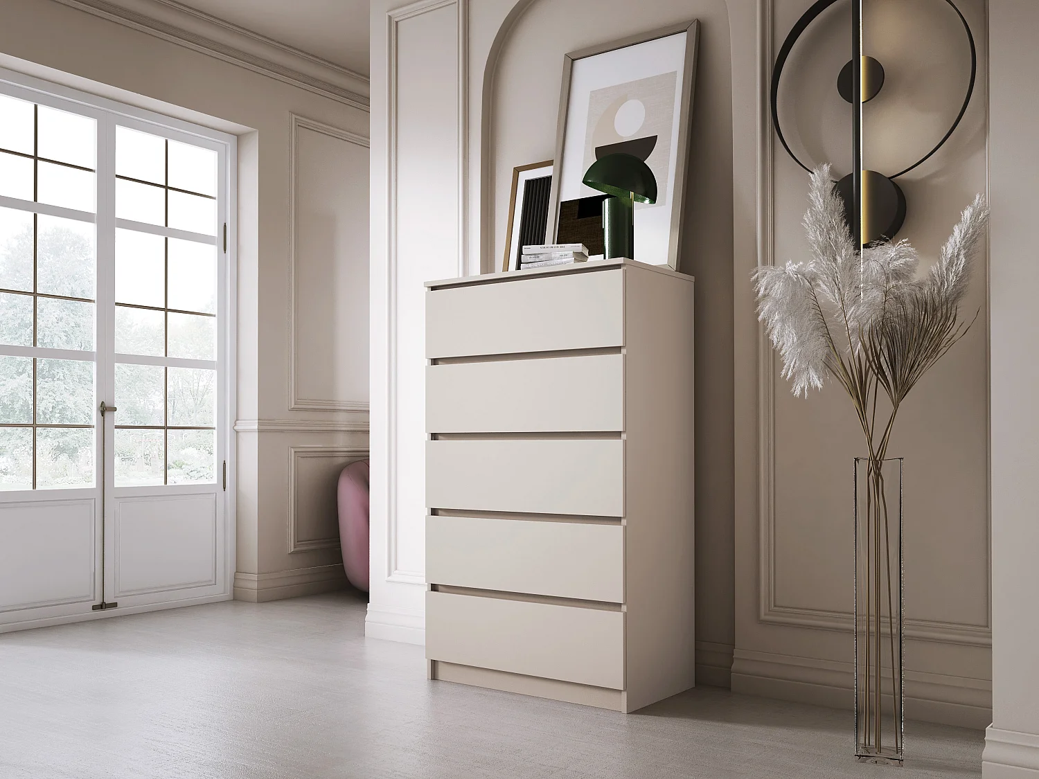 Commode : 5 tiroirs, cachemire, 70 x 124 x 39 cm