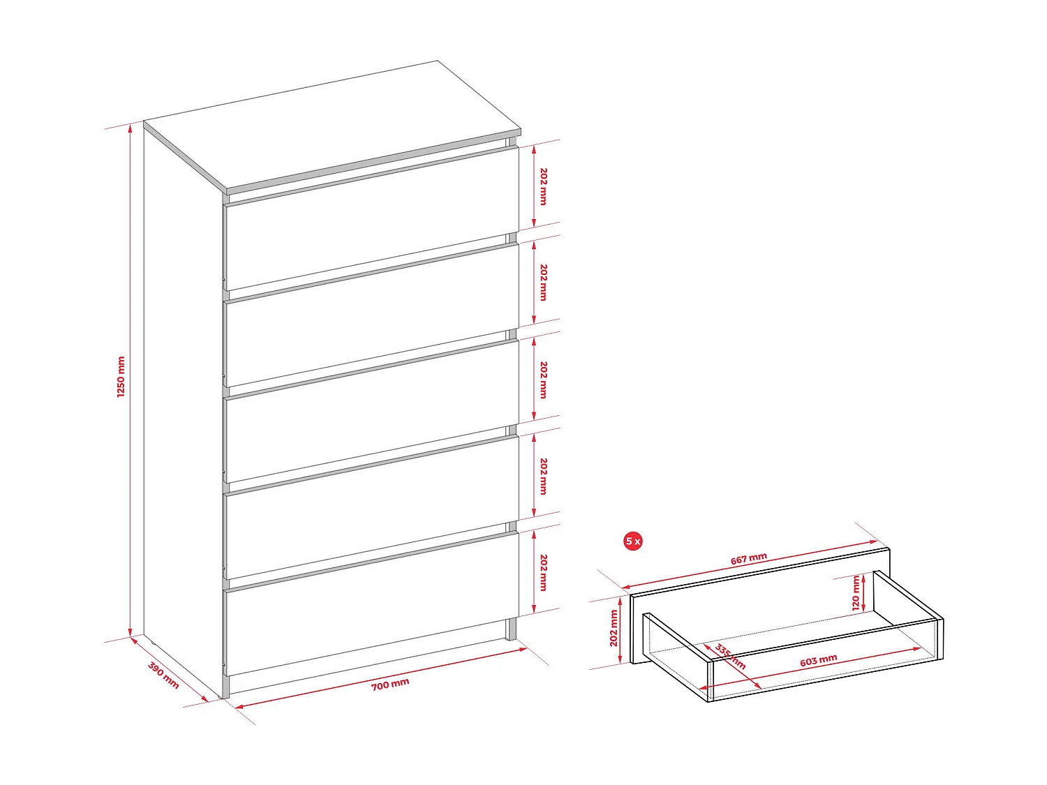 Commode 5 tiroirs, cachemire, 70 x 124 x 39 cm