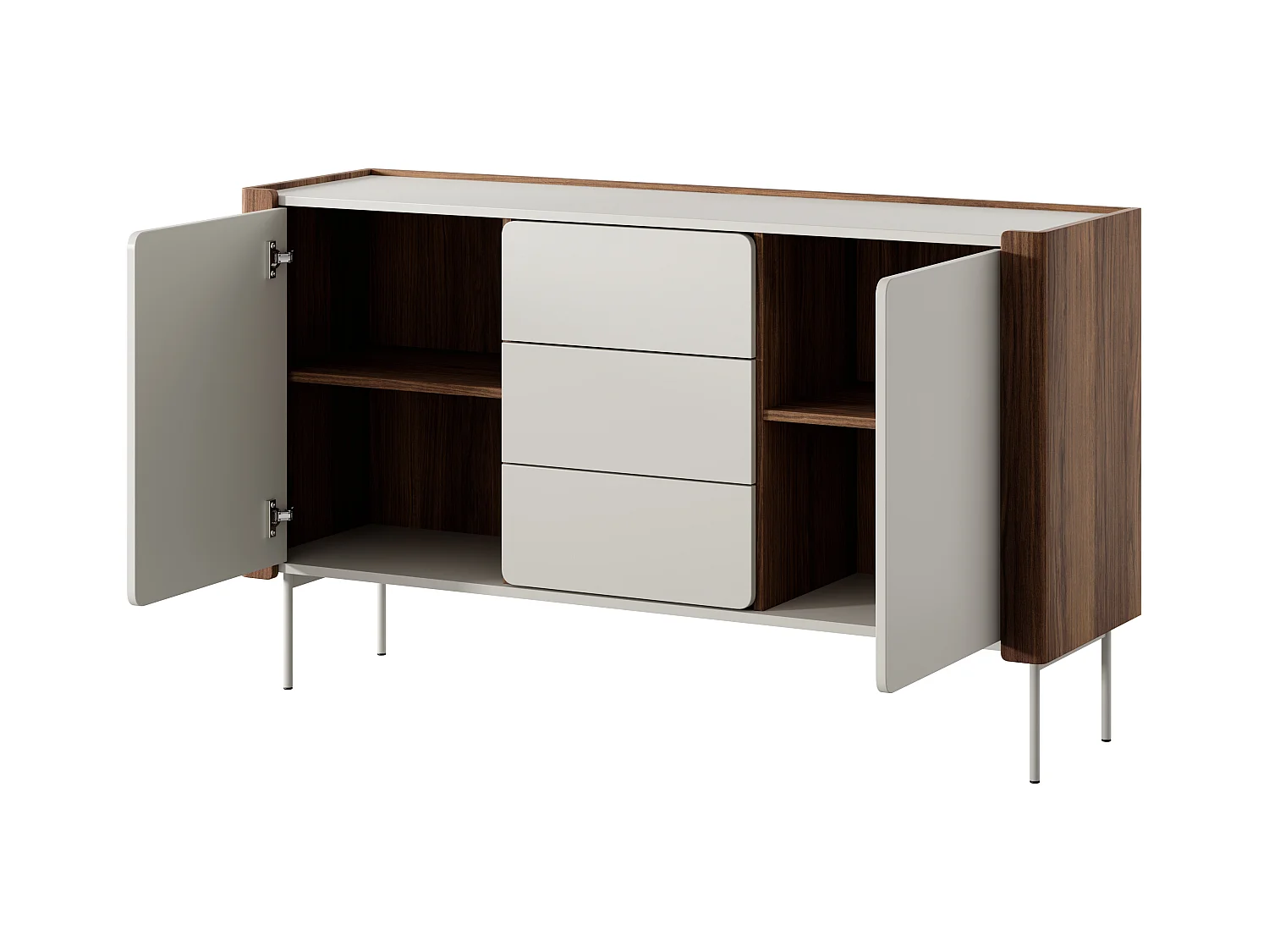 Commode : 3 tiroirs, 2 portes, 4 étagères, Warmia noyer / Cachemire, 141 x 82,5 x 39,9 cm