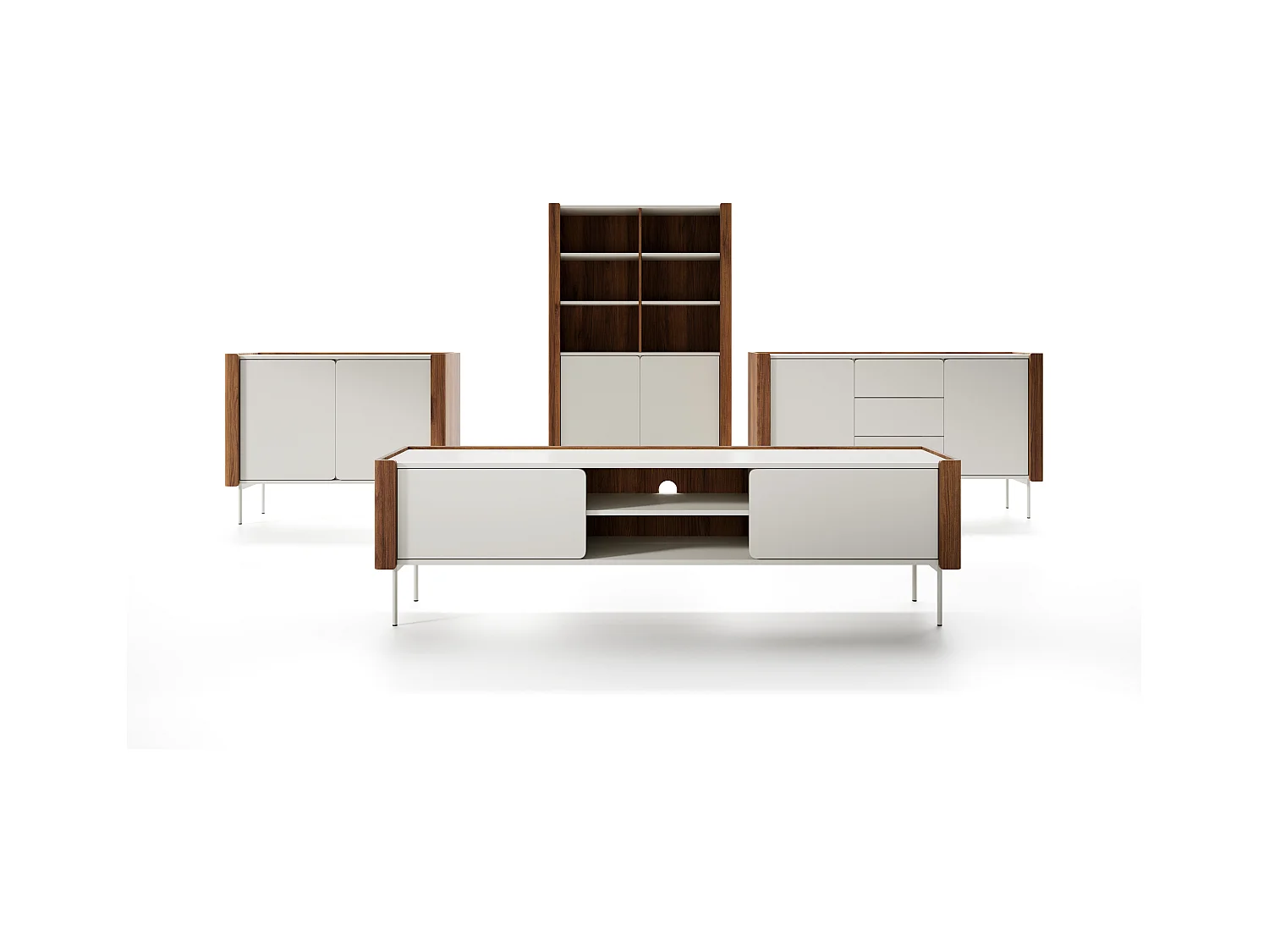 Commode : 3 tiroirs, 2 portes, 4 étagères, Warmia noyer / Cachemire, 141 x 82,5 x 39,9 cm