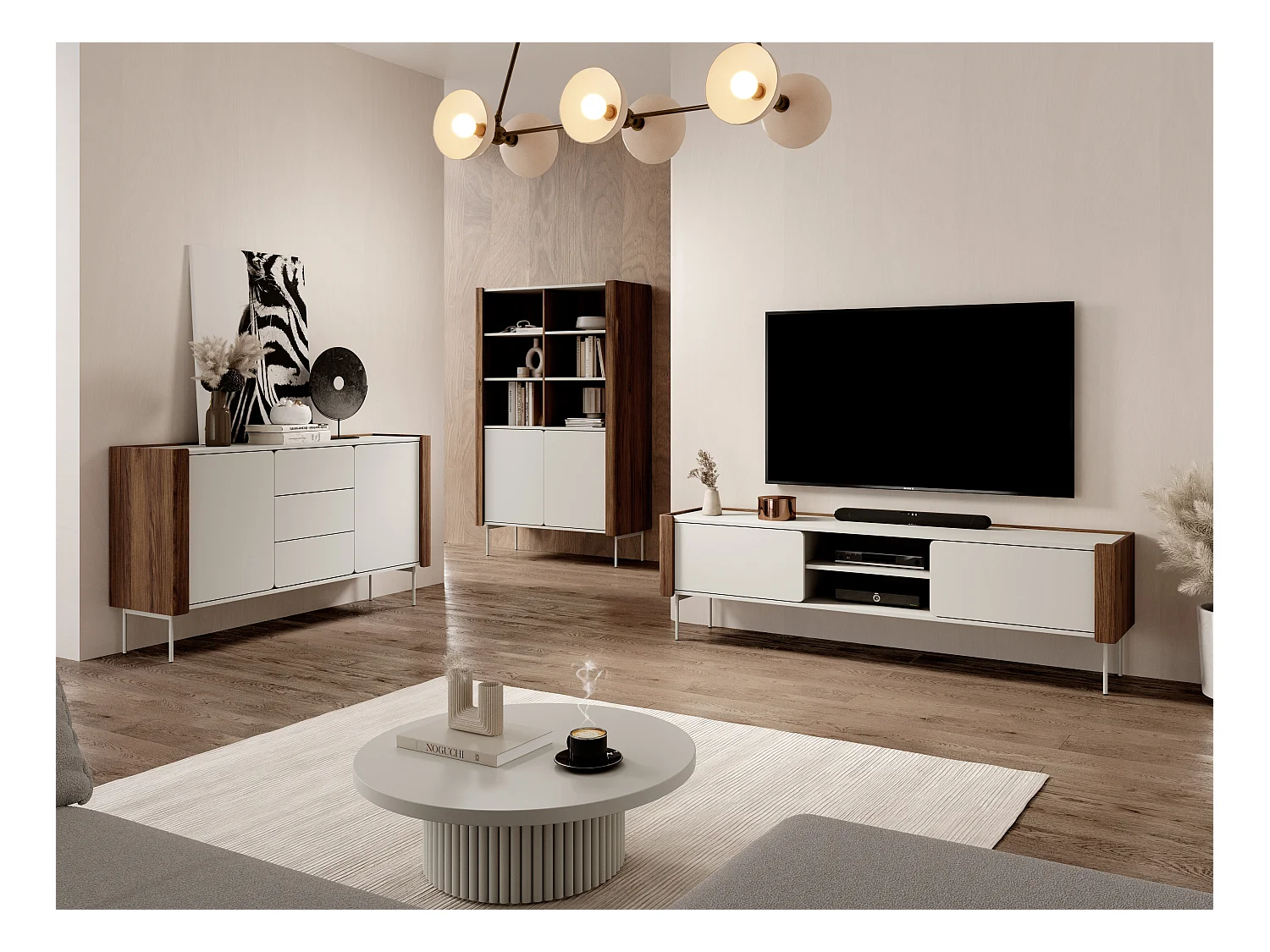 Commode : 3 tiroirs, 2 portes, 4 étagères, Warmia noyer / Cachemire, 141 x 82,5 x 39,9 cm