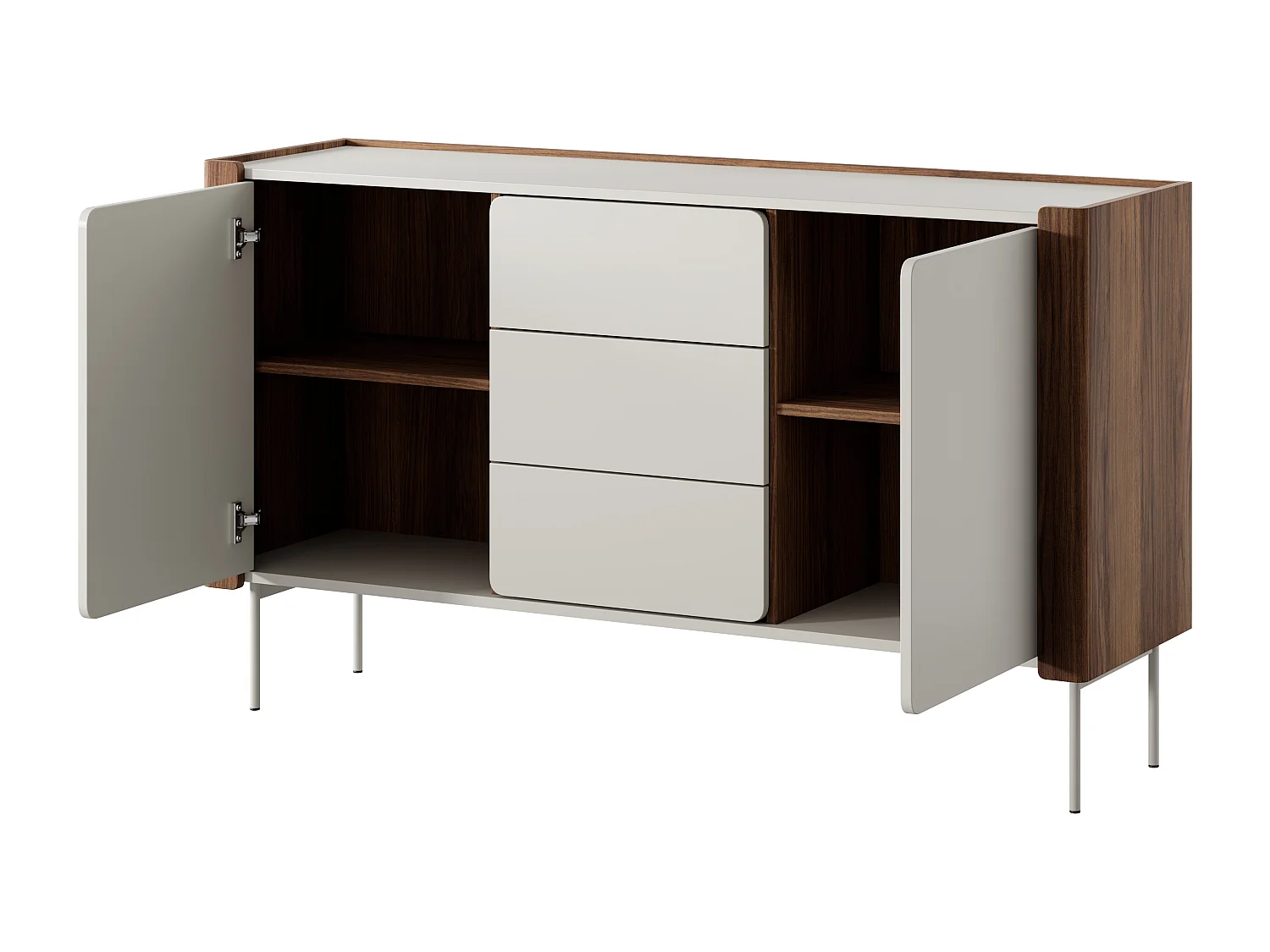 Commode : 3 tiroirs, 2 portes, 4 étagères, Warmia noyer / Cachemire, 141 x 82,5 x 39,9 cm