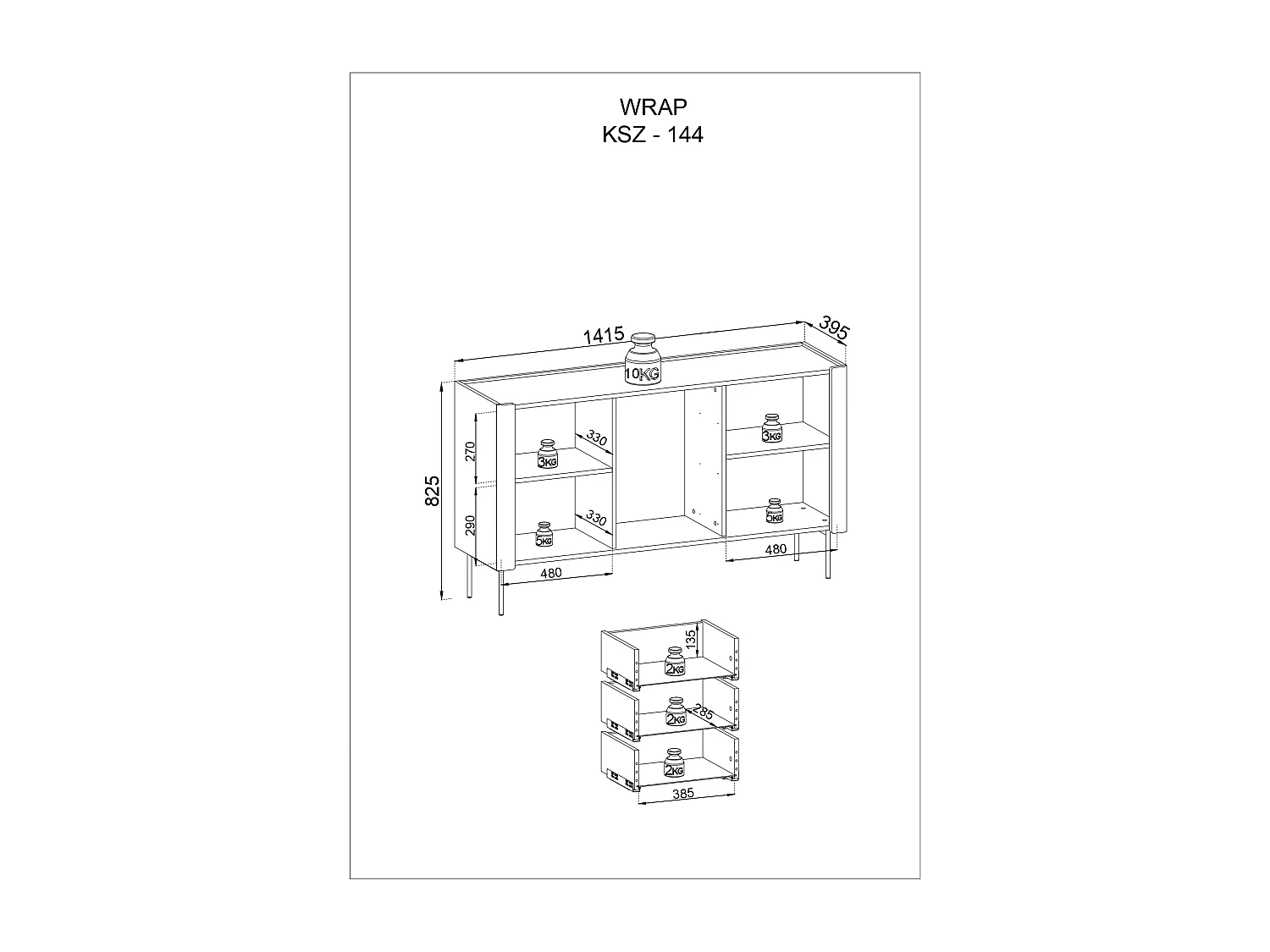Commode : 3 tiroirs, 2 portes, 4 étagères, Warmia noyer / Cachemire, 141 x 82,5 x 39,9 cm