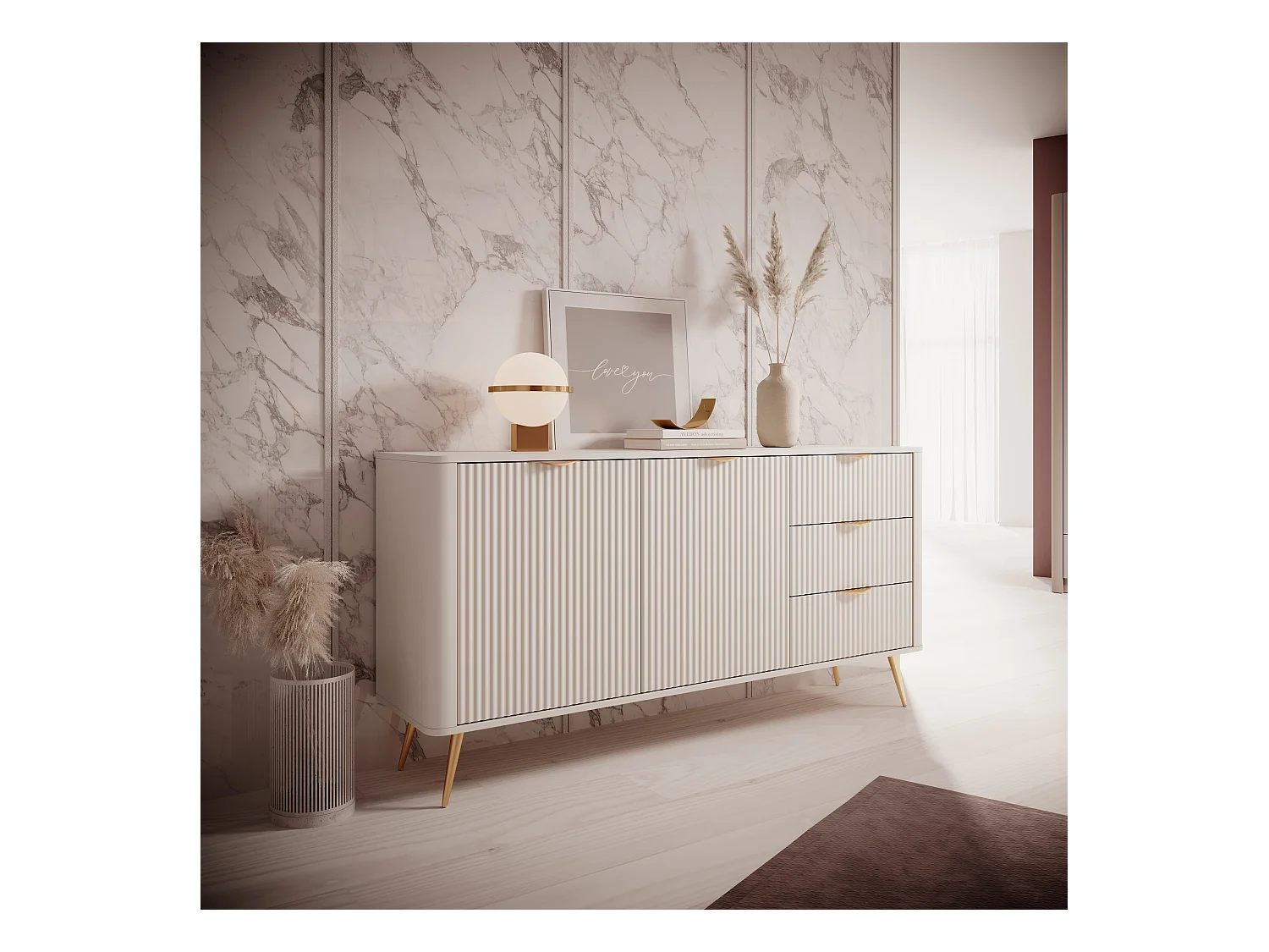 Cómoda: 3 cajones, 2 puertas, cachemira, patas doradas, 163,2 x 81,2 x 38 cm