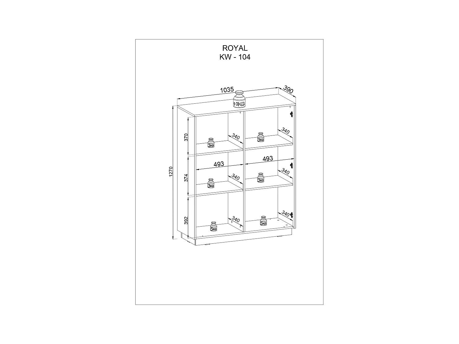 Cômoda: 2 portas, 6 prateleiras, Branco Mate, 103,5 x 127 x 39 cm