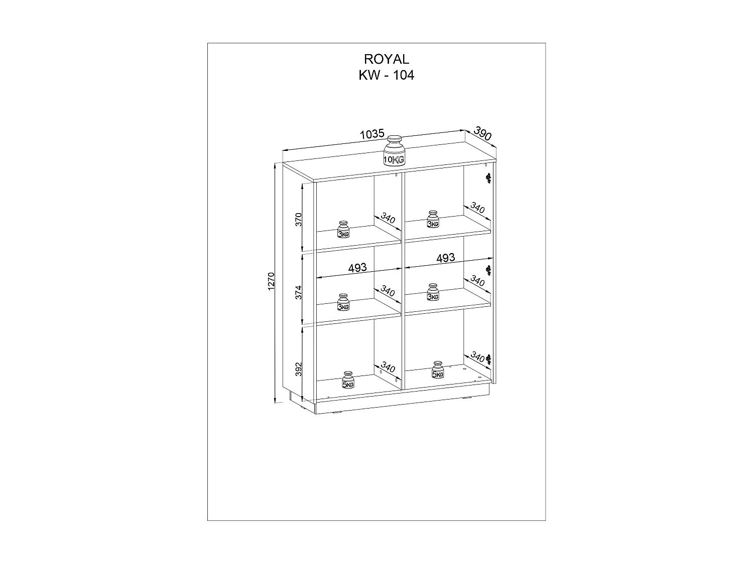 Commode : 2 portes, 6 étagères, Blanc Mat, 103,5 x 127 x 39 cm