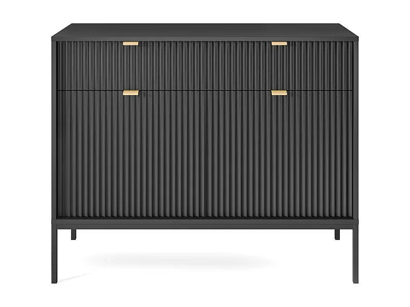 Commode : 2 Tiroirs, 2 Portes, Noir, Noir, 104 x 83 x 39 cm, poignées dorées