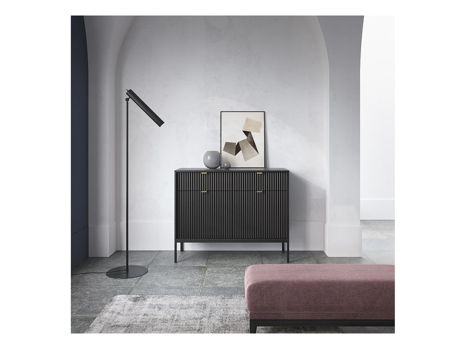 Cômoda: 2 gavetas, 2 portas, preto, preto, 104 x 83 x 39 cm, puxadores dourados