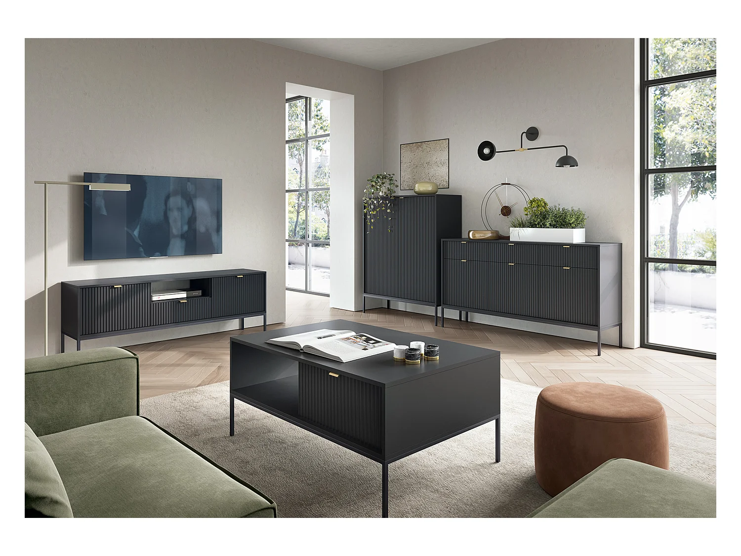 Cômoda: 2 gavetas, 2 portas, preto, preto, 104 x 83 x 39 cm, puxadores dourados