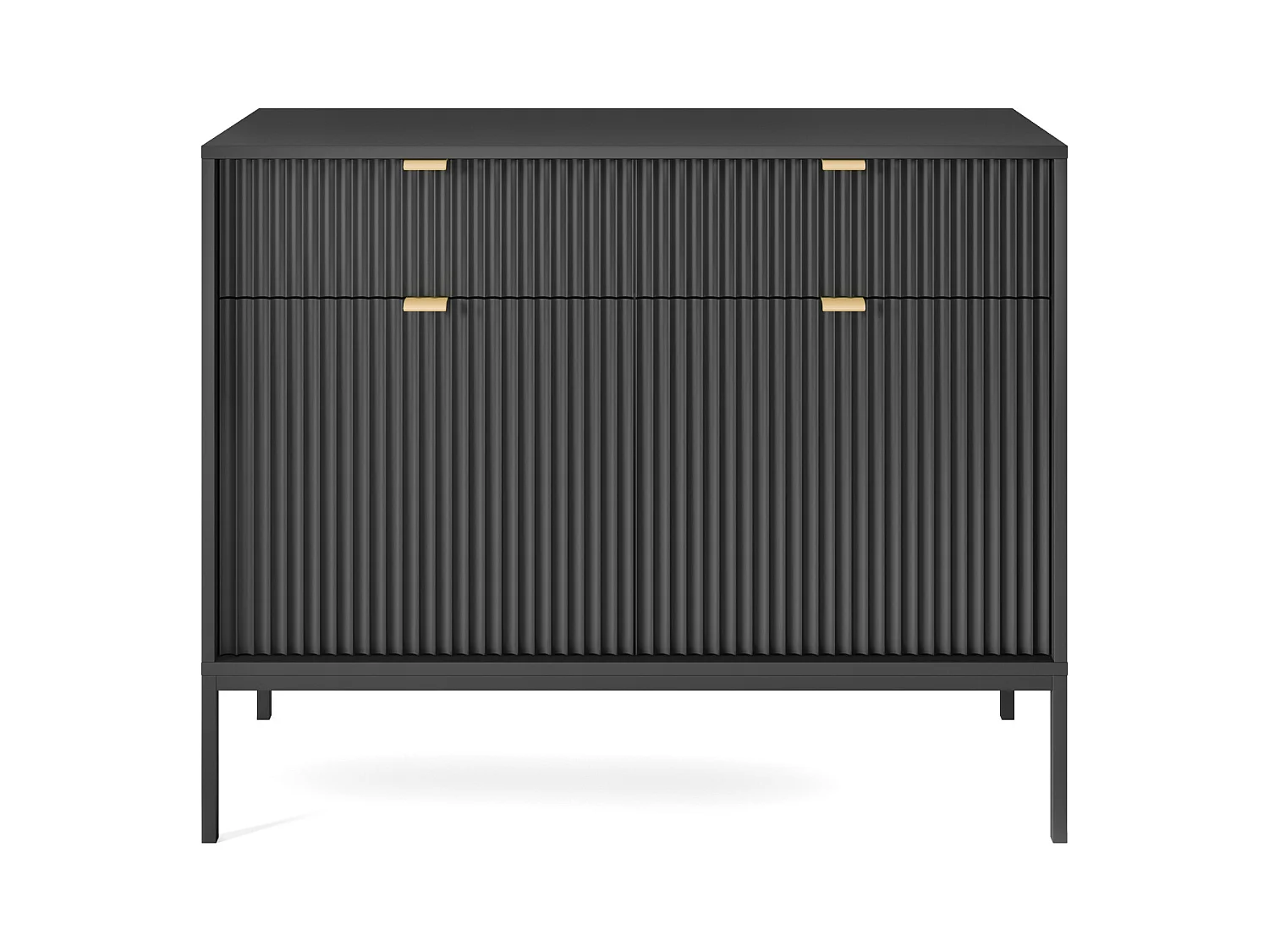 Commode : 2 Tiroirs, 2 Portes, Noir, Noir, 104 x 83 x 39 cm, poignées dorées
