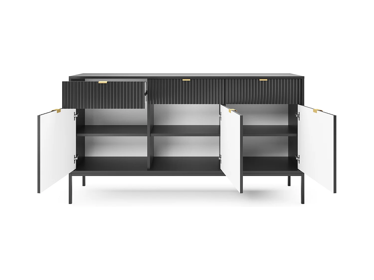 Commode : 3 Tiroirs, 3 Portes, Noir, Noir, 154 x 83 x 39 cm, poignées dorées