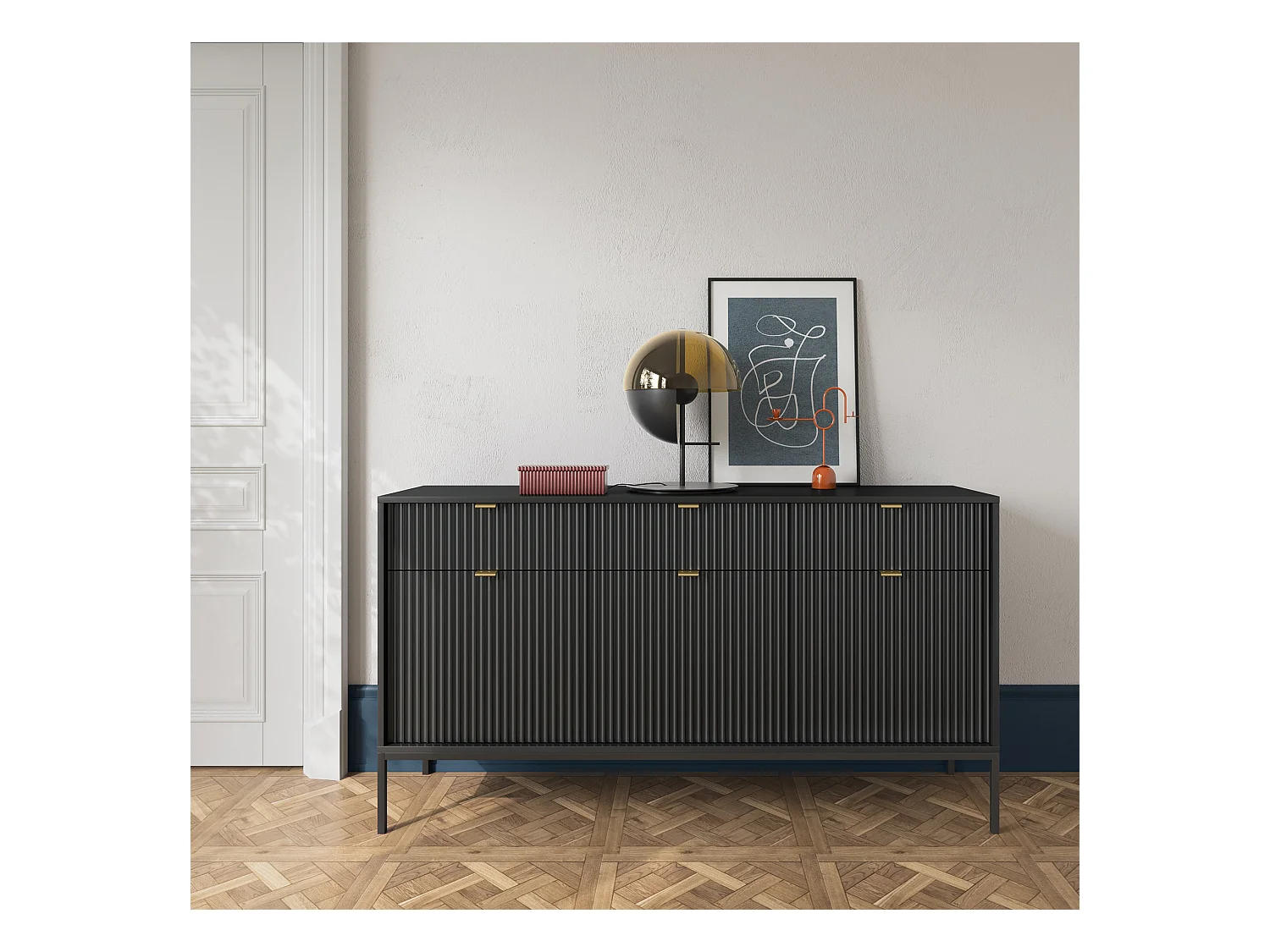 Commode : 3 Tiroirs, 3 Portes, Noir, Noir, 154 x 83 x 39 cm, poignées dorées