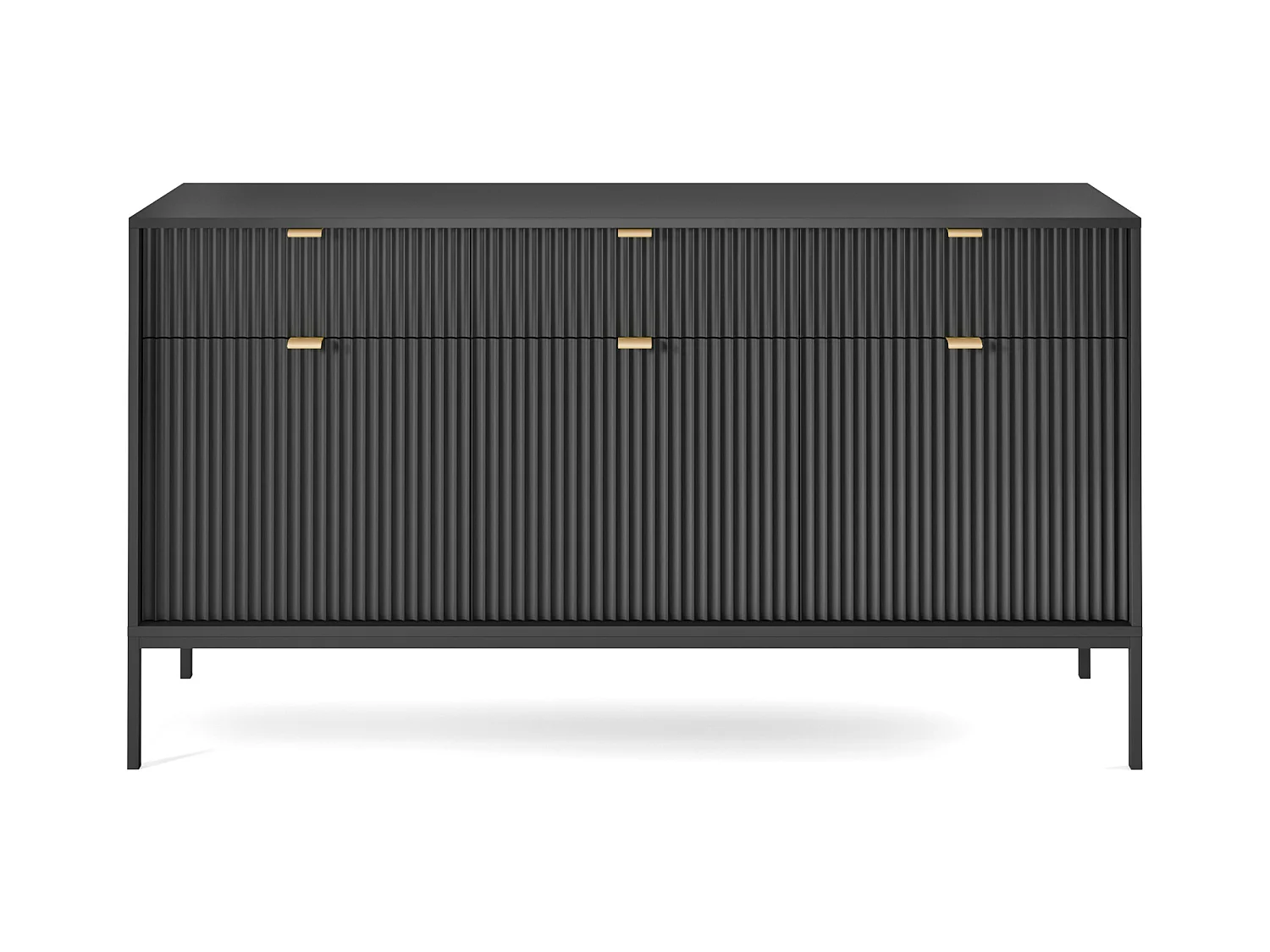 Kommode: 3 Schubladen, 3 Türen, Schwarz, Schwarz, 154 x 83 x 39 cm, goldene Griffe