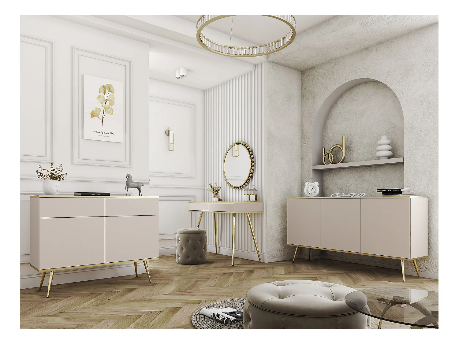 Ladekast: Beige, gouden poten, 107 x 85 x 39 cm