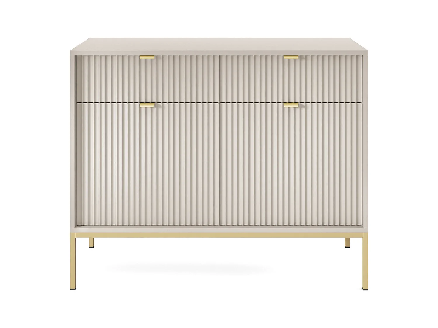 Cômoda: 2 gavetas, 2 portas, caxemira, ouro, 104 x 83 x 39 cm, puxadores dourados