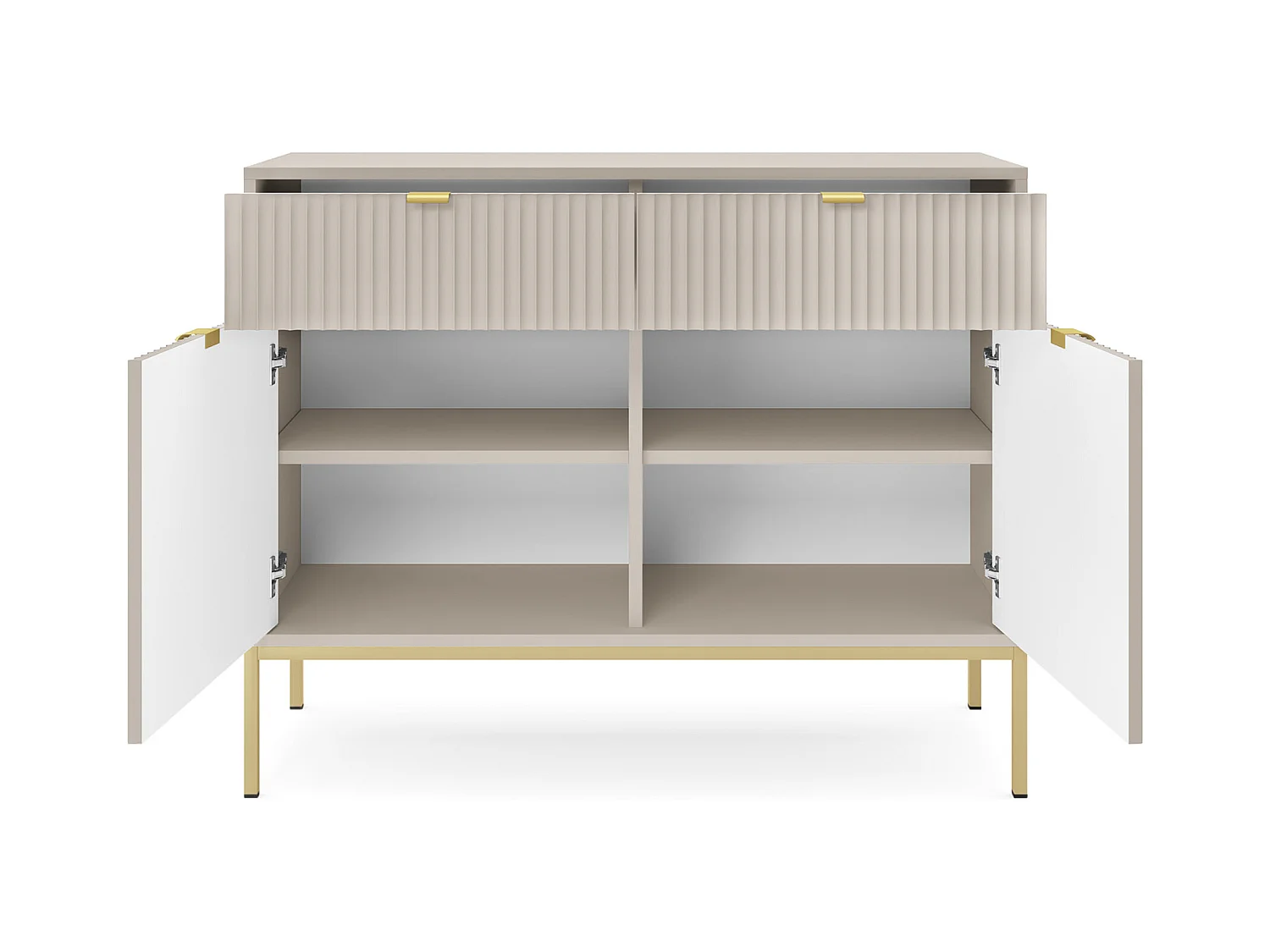 Cômoda: 2 gavetas, 2 portas, caxemira, ouro, 104 x 83 x 39 cm, puxadores dourados