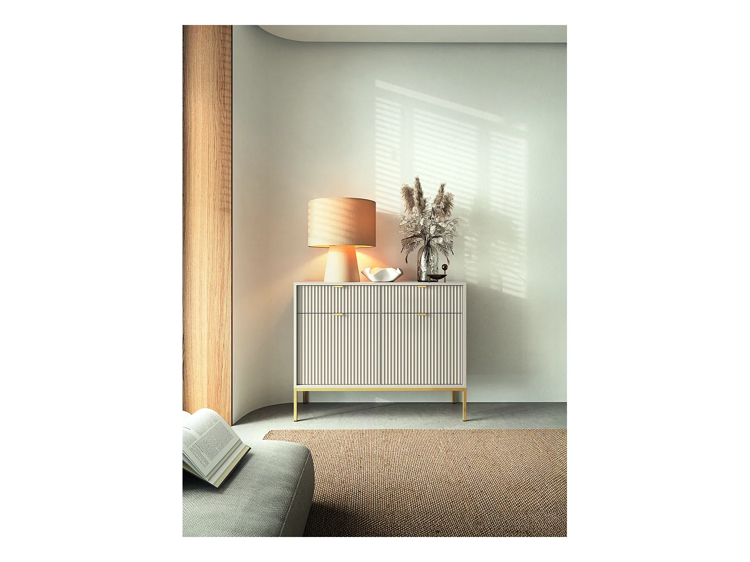 Cômoda: 2 gavetas, 2 portas, caxemira, ouro, 104 x 83 x 39 cm, puxadores dourados