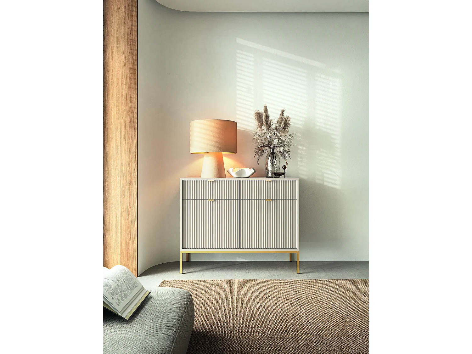 Commode : 2 Tiroirs, 2 Portes, Cachemire, or, 104 x 83 x 39 cm, poignées dorées