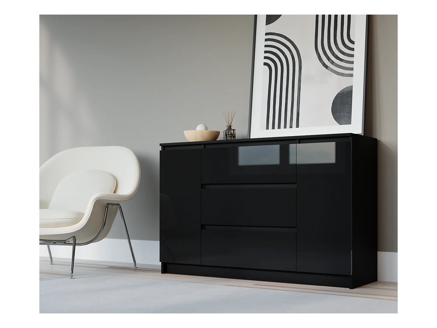 Kommode: Mattschwarz / Hochglanzschwarz, 120 x 39 x 78 cm, 2 Türen, 3 Schubladen