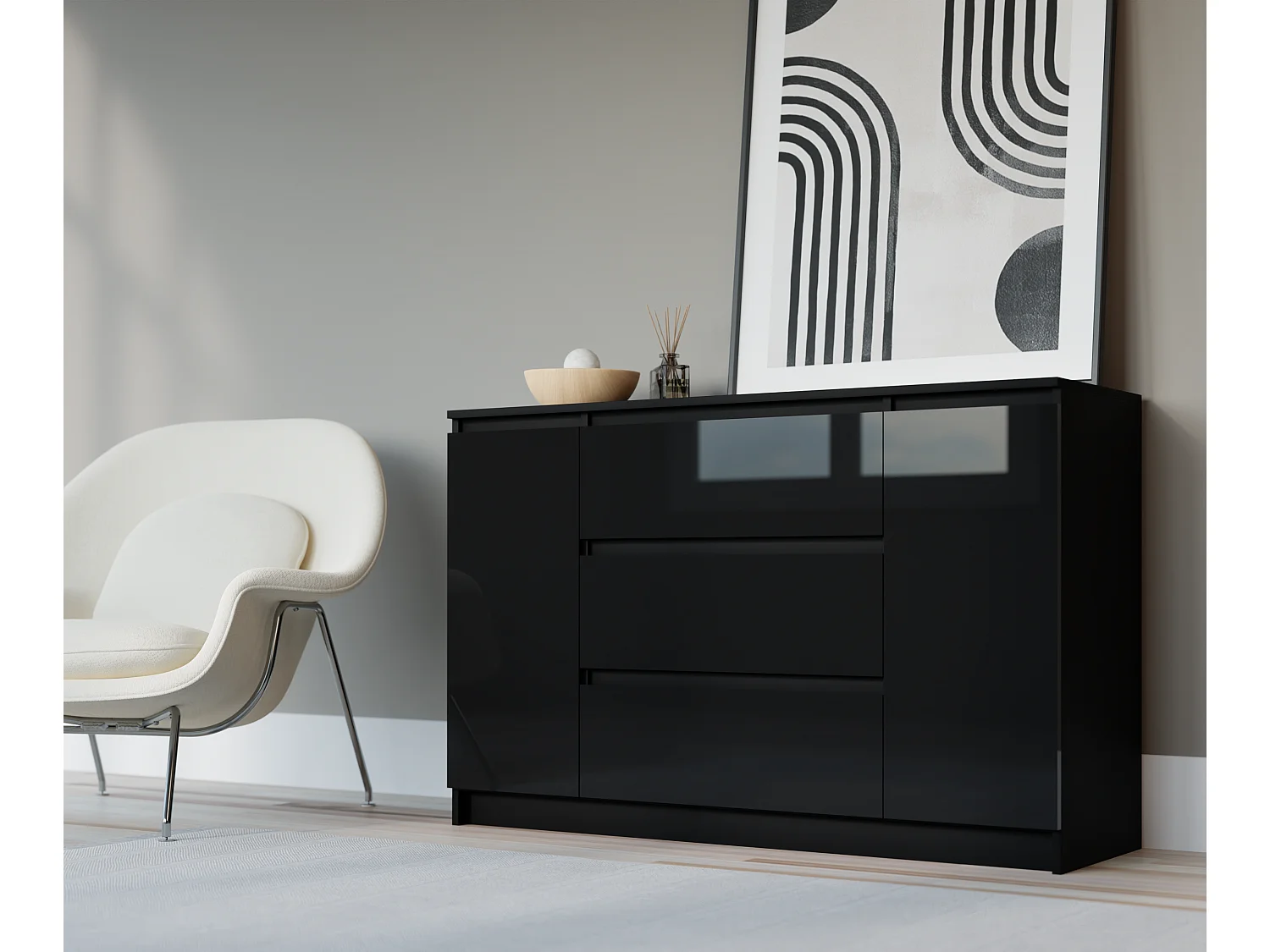 Commode : Noir Mat / Noir Brillant, 120 x 39 x 78 cm, 2 portes, 3 tiroirs