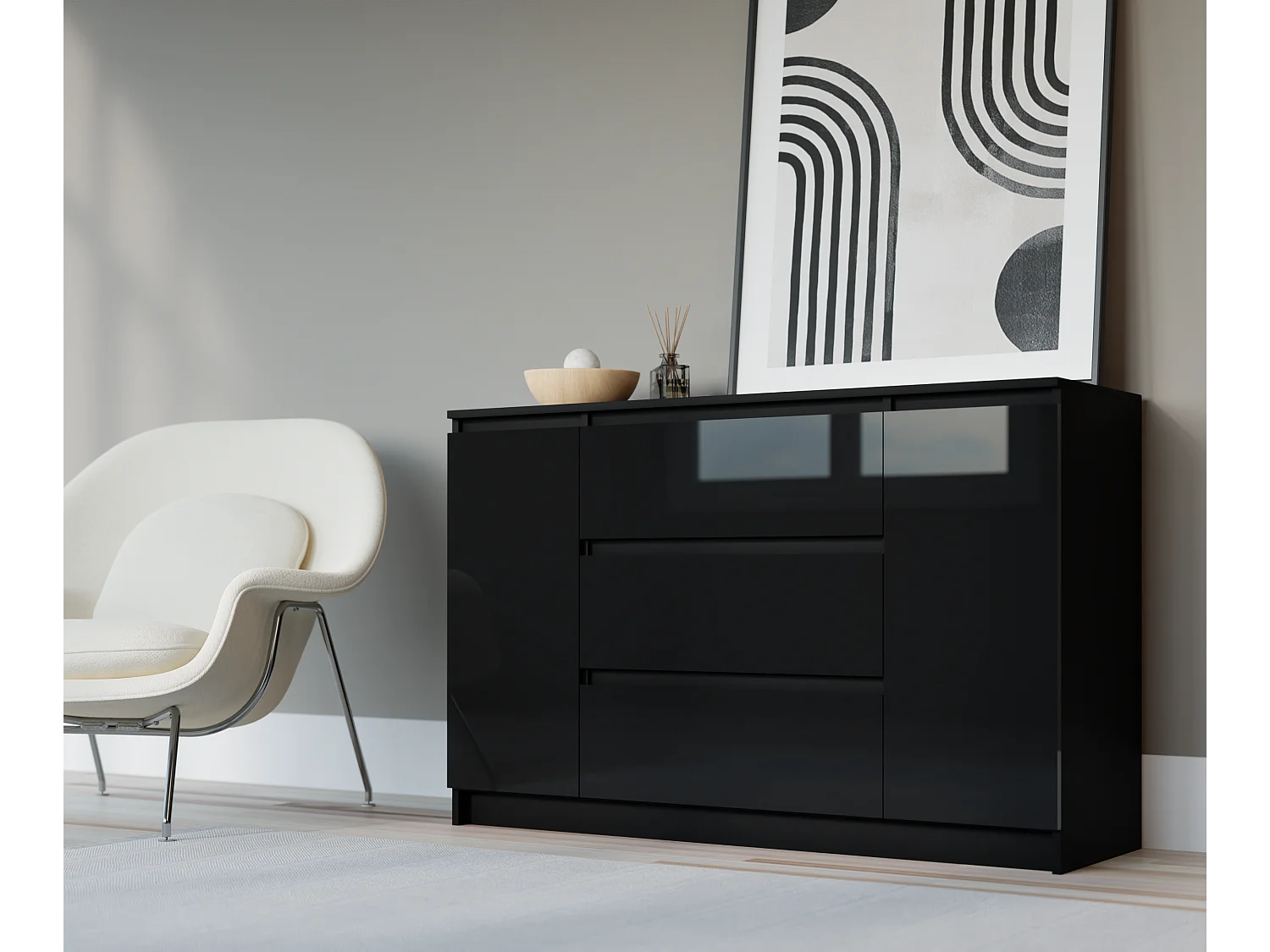 Kommode: Mattschwarz / Hochglanzschwarz, 120 x 79 x 39 cm, 2 Türen, 3 Schubladen