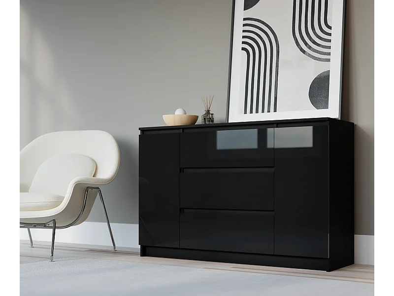 Commode : Noir Mat / Noir Brillant, 120 x 39 x 78 cm, 2 portes, 3 tiroirs