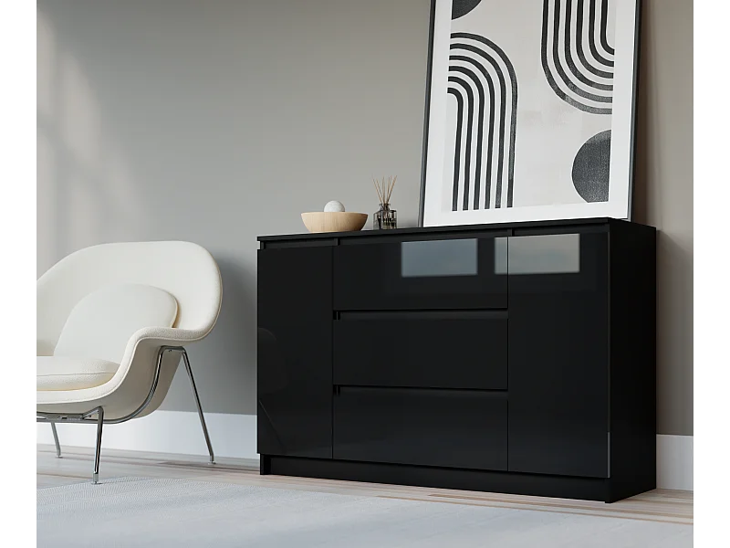 Cassettiera: Nero Opaco / Nero Lucido, 120 x 39 x 78 cm, 2 ante, 3 cassetti