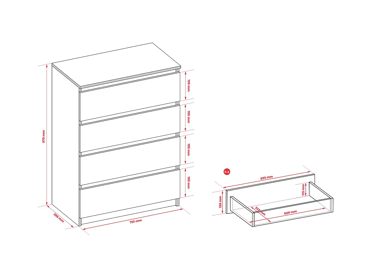 Cômoda: 4 gavetas, caxemira, 40 x 97 x 70 cm