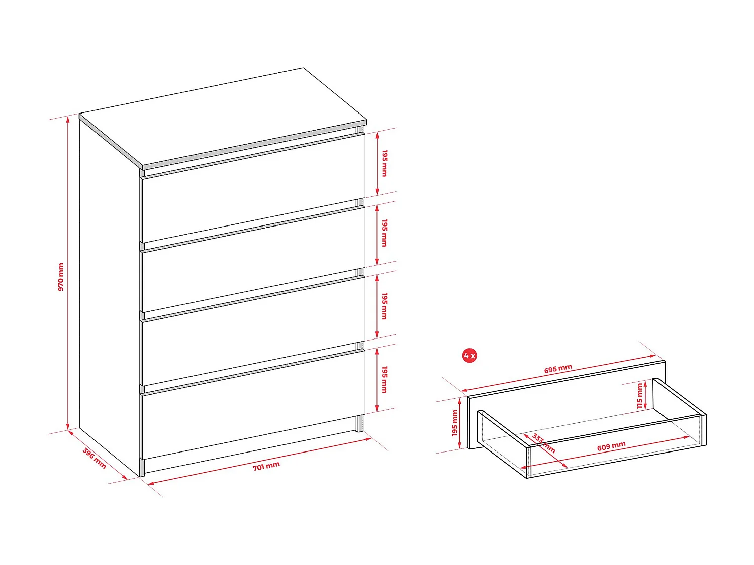 Commode : 4 Tiroirs, Cachemire, 40 X 97 X 70 Cm