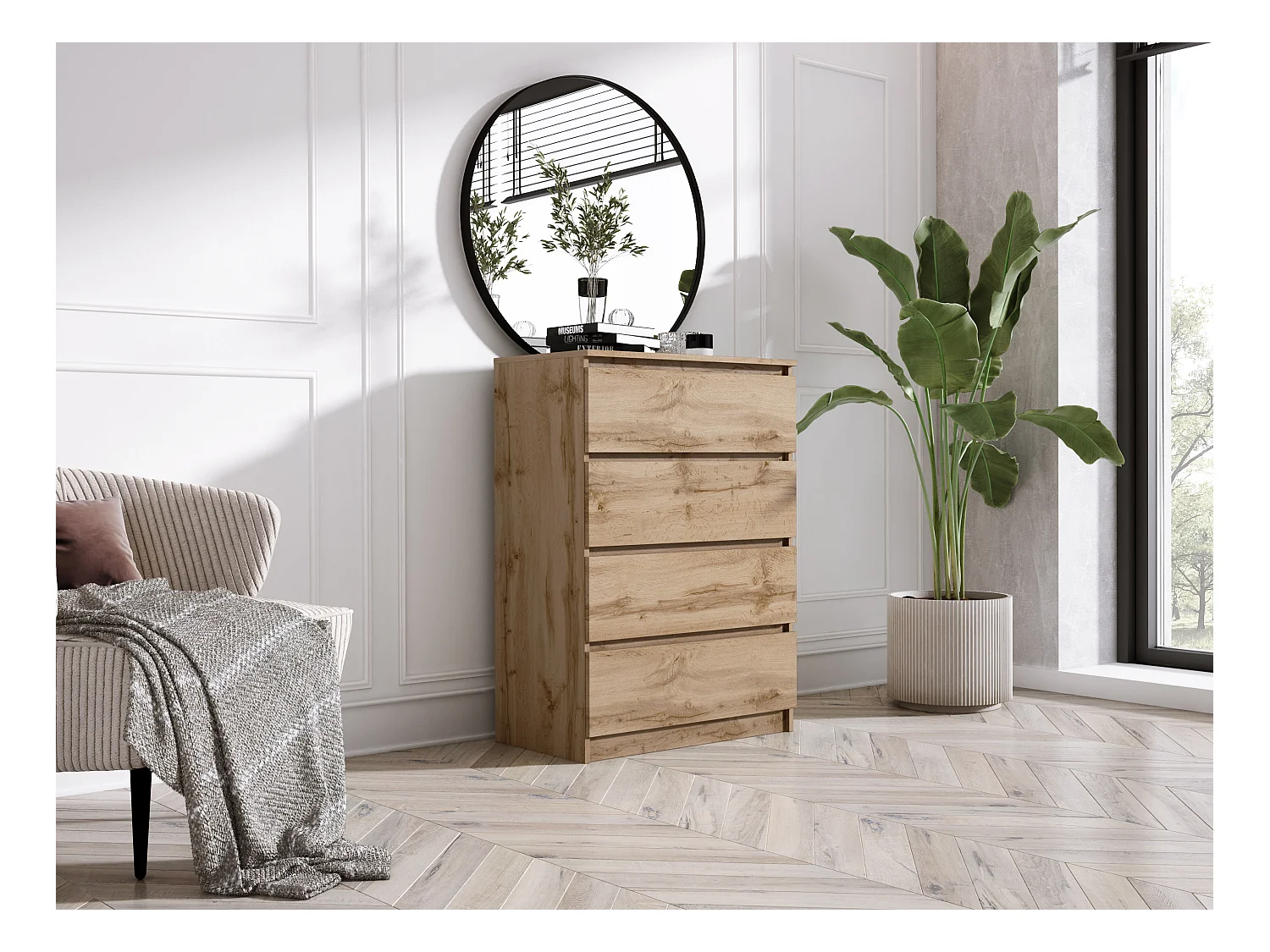 Commode 4 Tiroirs : Chêne Wotan, 70 x 39 x 101 cm