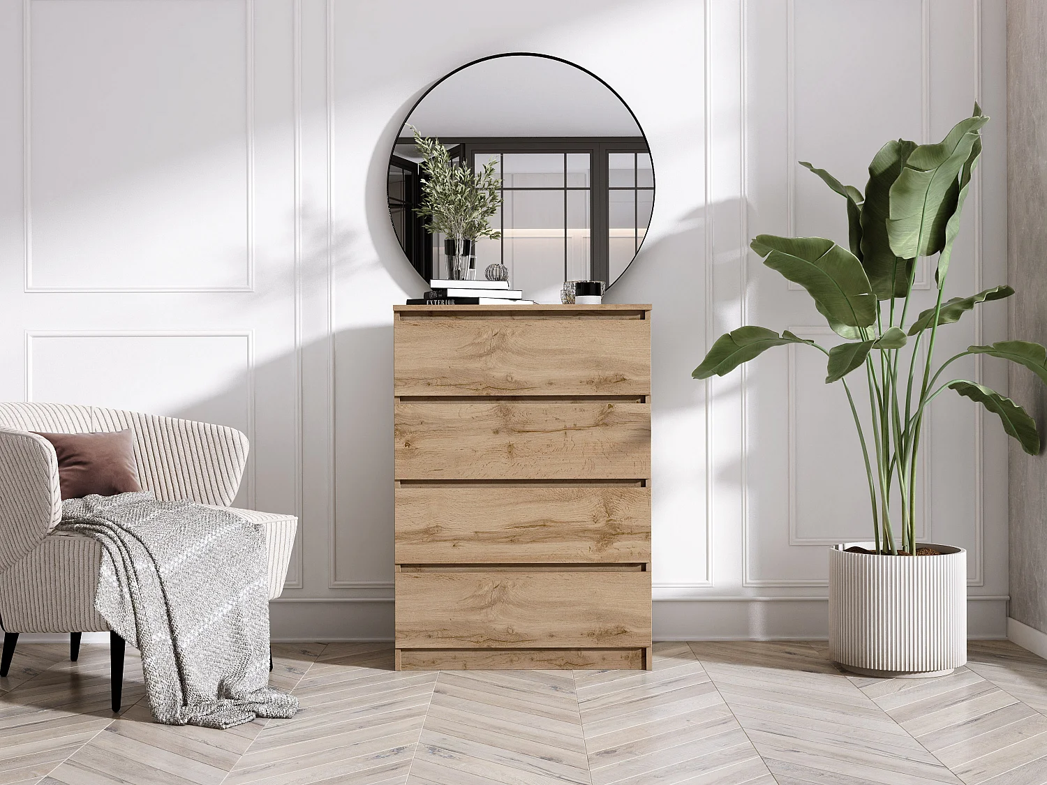 Commode 4 Tiroirs : Chêne Wotan, 70 x 39 x 101 cm