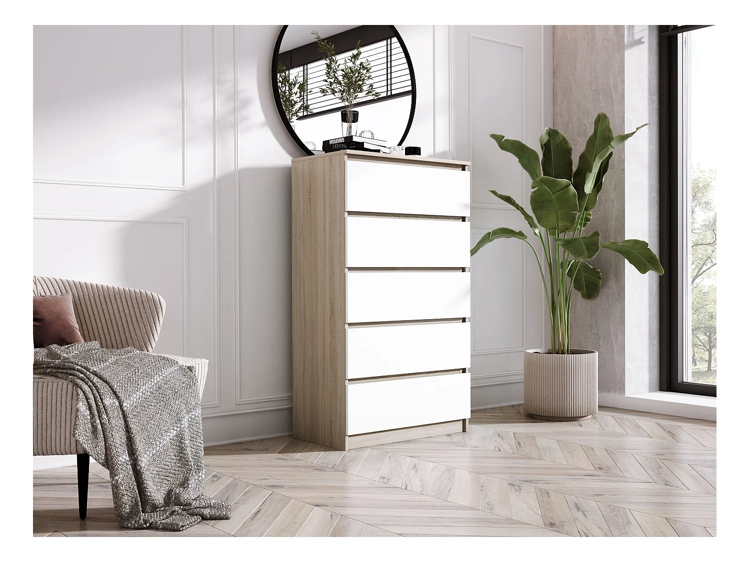 Commode 5 Tiroirs, Chêne Sonoma / Blanc Mat, 70 x 39 x 125 cm