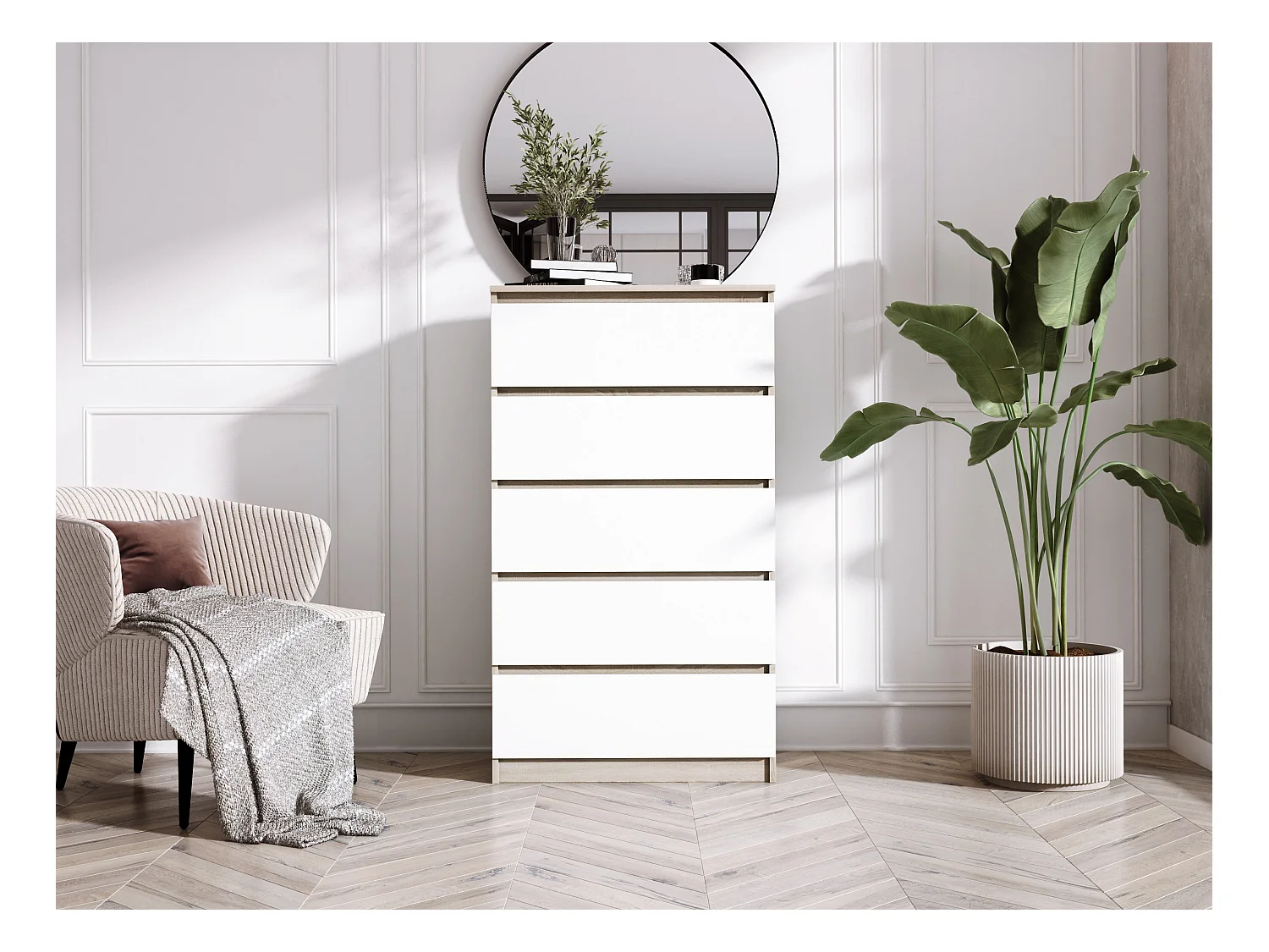 Ladekast met 5 lades, Sonoma eiken / mat wit, 70 x 39 x 125 cm