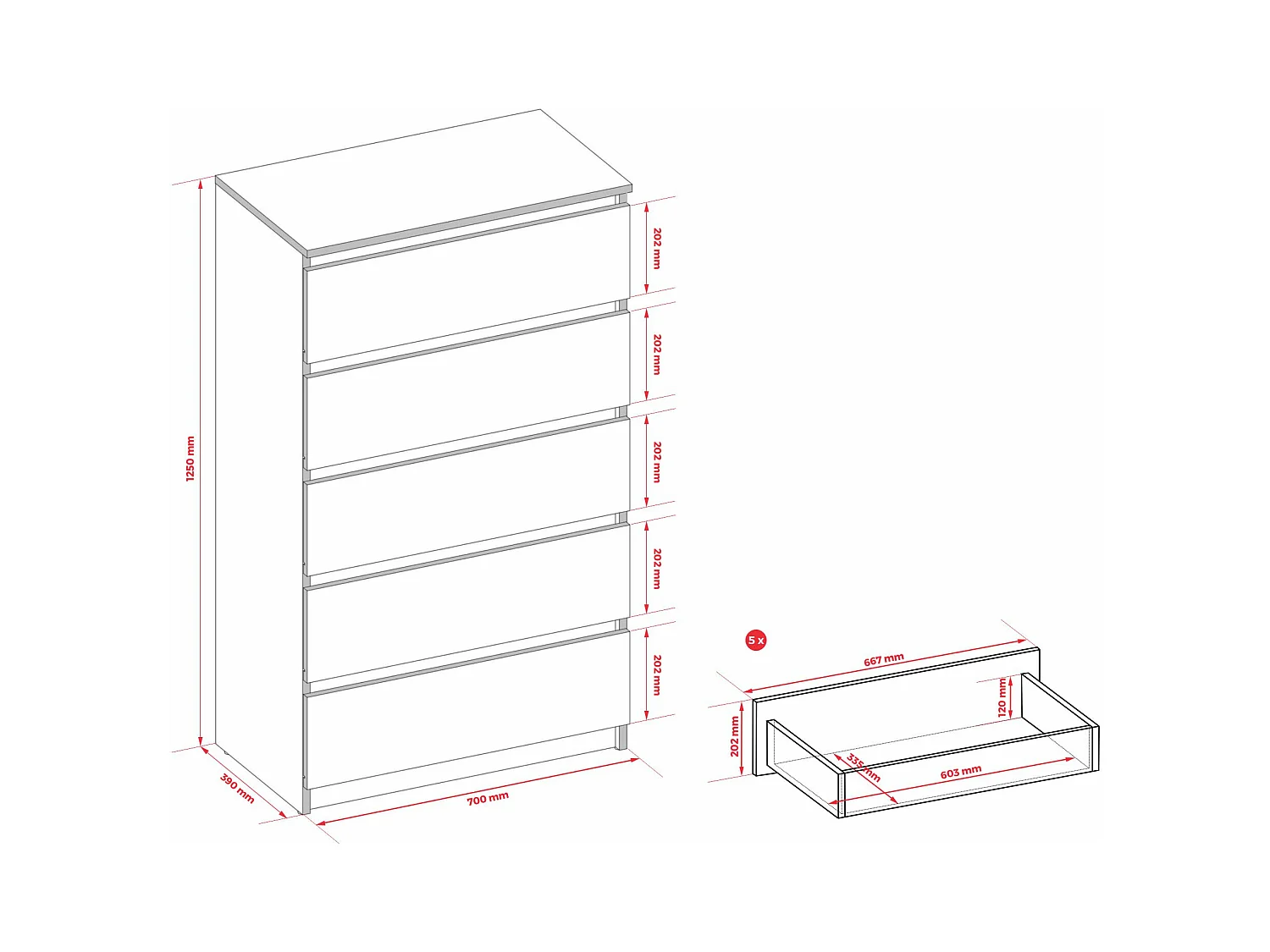 Ladekast met 5 lades, Sonoma eiken / mat wit, 70 x 39 x 125 cm