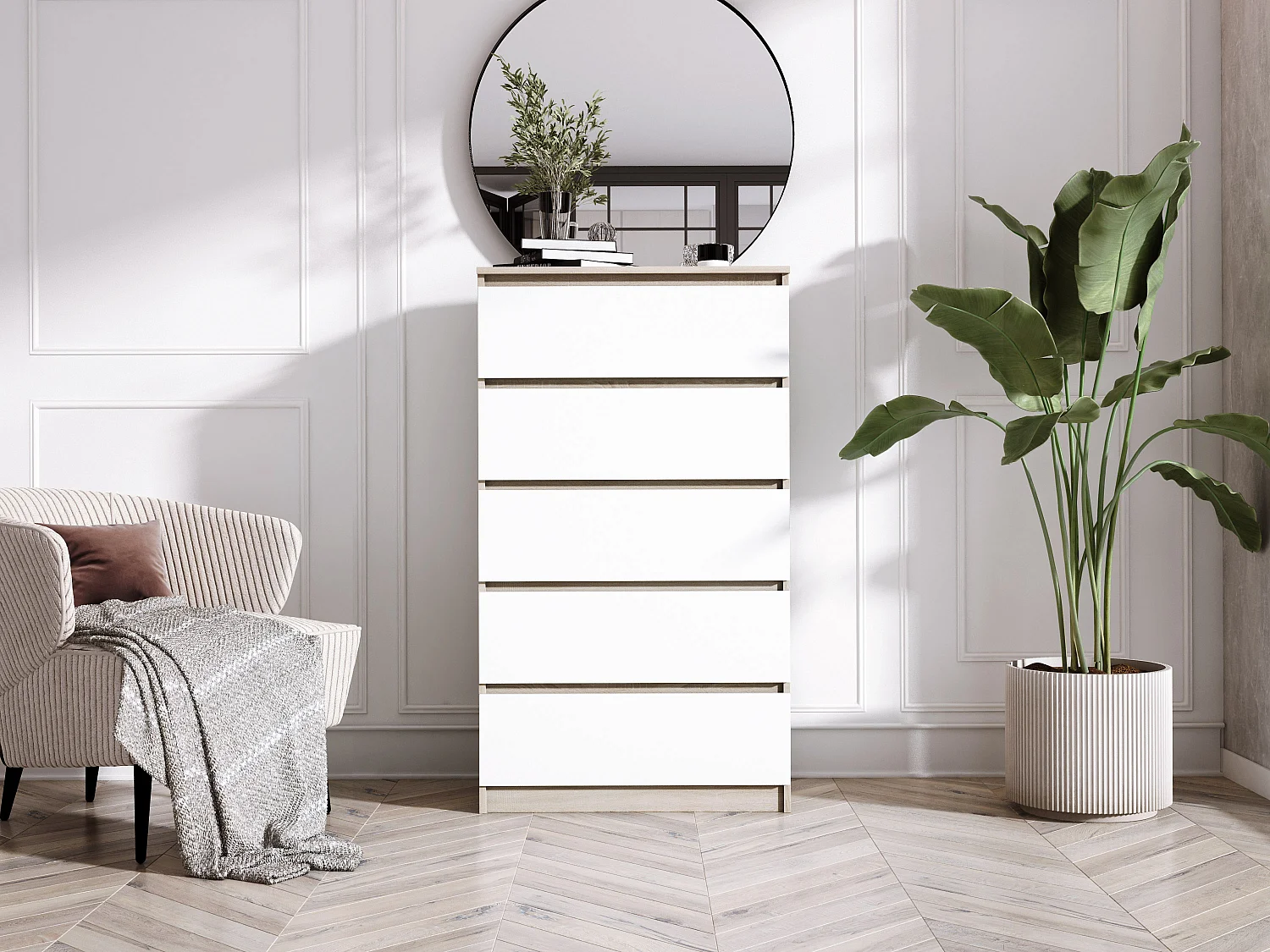 Commode 5 Tiroirs, Chêne Sonoma / Blanc Mat, 70 x 39 x 125 cm