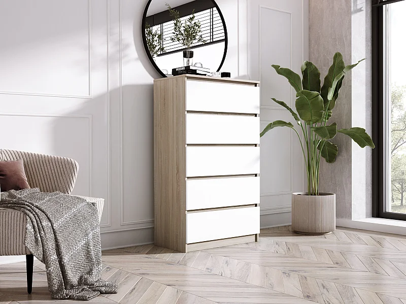 Cassettiera a 5 cassetti, rovere Sonoma/bianco opaco, 70 x 39 x 125 cm