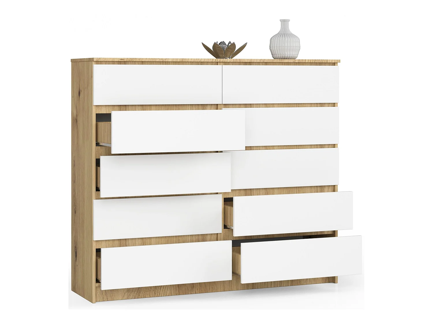 Commode : 10 tiroirs, chêne artisanal | Blanc, 138 x 121 x 40cm