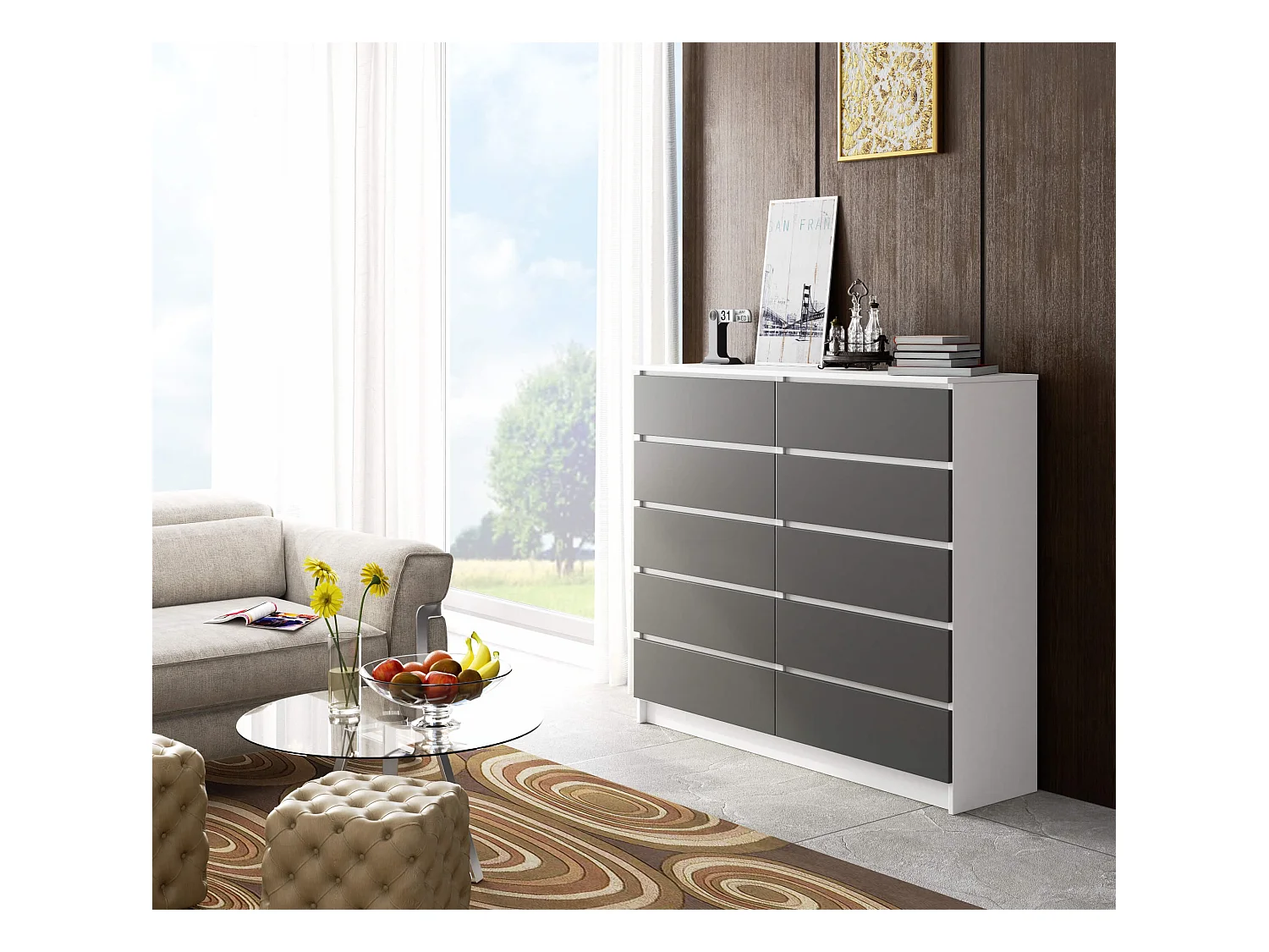 Kommode: 10 Schubladen, weiß|graphitgrau, 138 x 121 x 40 cm