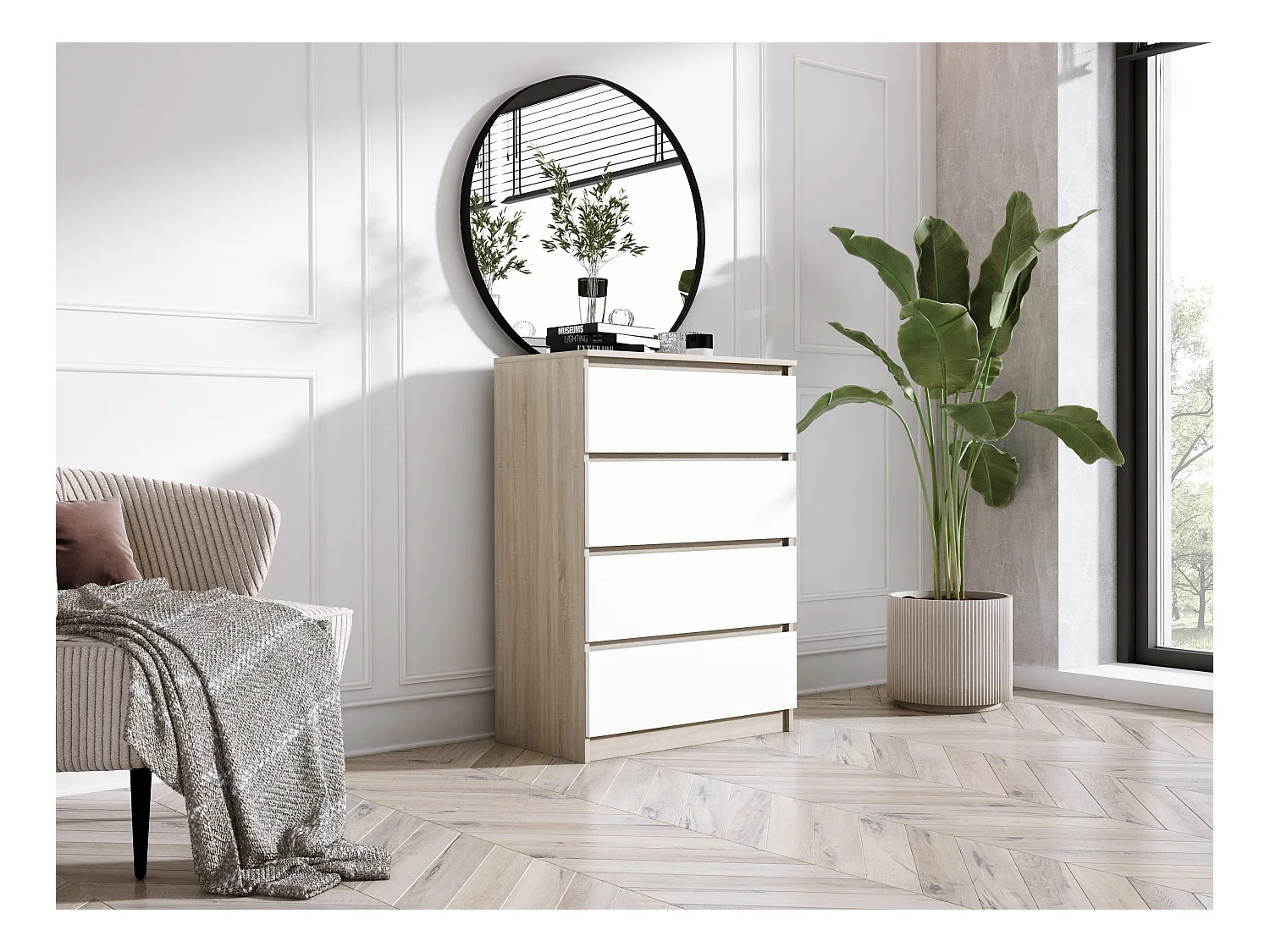 Commode 4 tiroirs, Chêne Sonoma / Blanc Mat, 70 x 39 x 101 cm