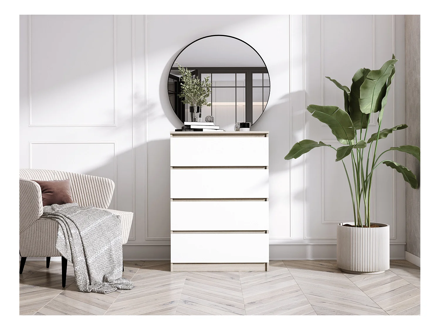 Cómoda de 4 cajones, roble Sonoma / blanco mate, 70 x 39 x 101 cm